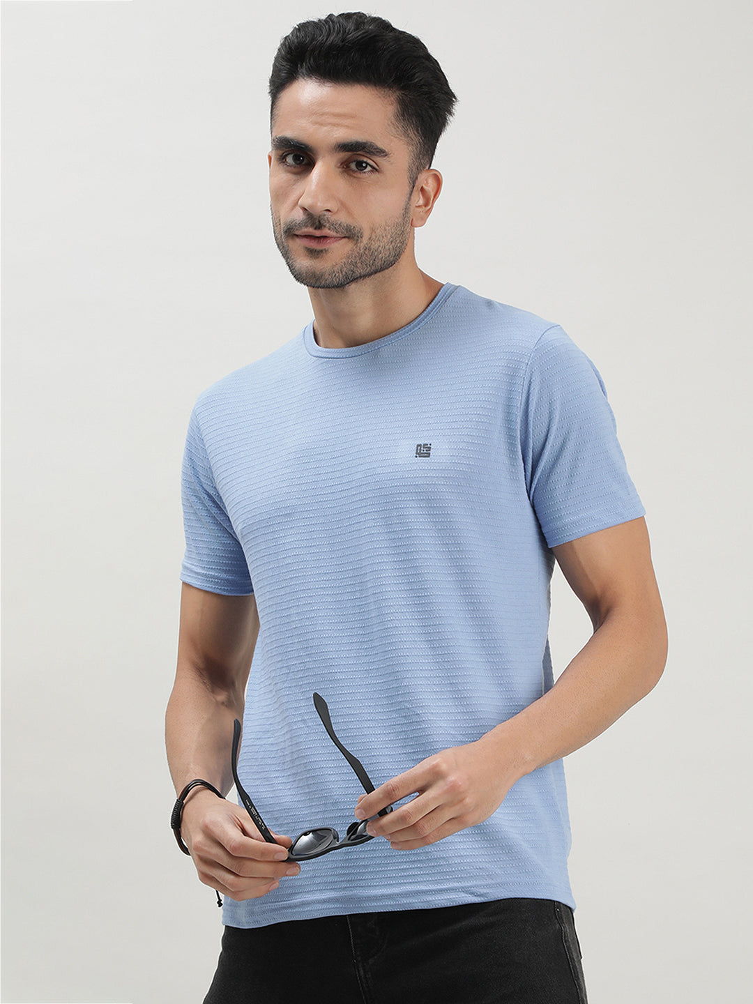 Sky Blue Solid Crew Neck T-shirt for Men