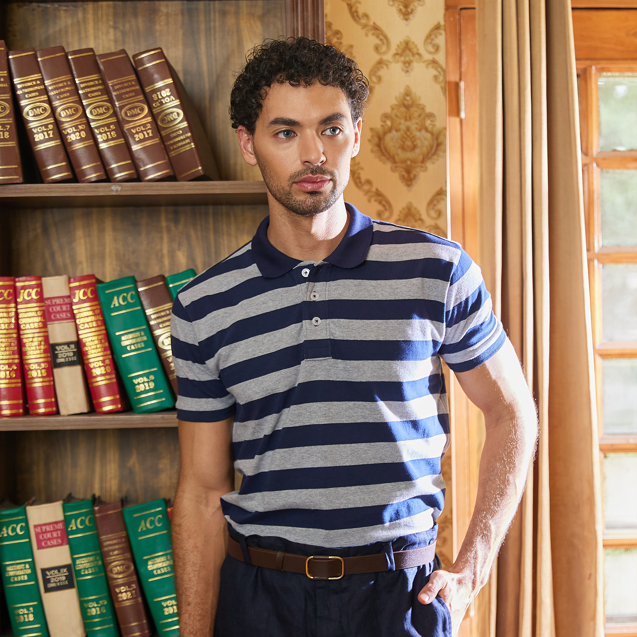 Navy & Grey Striped Polo Tshirt