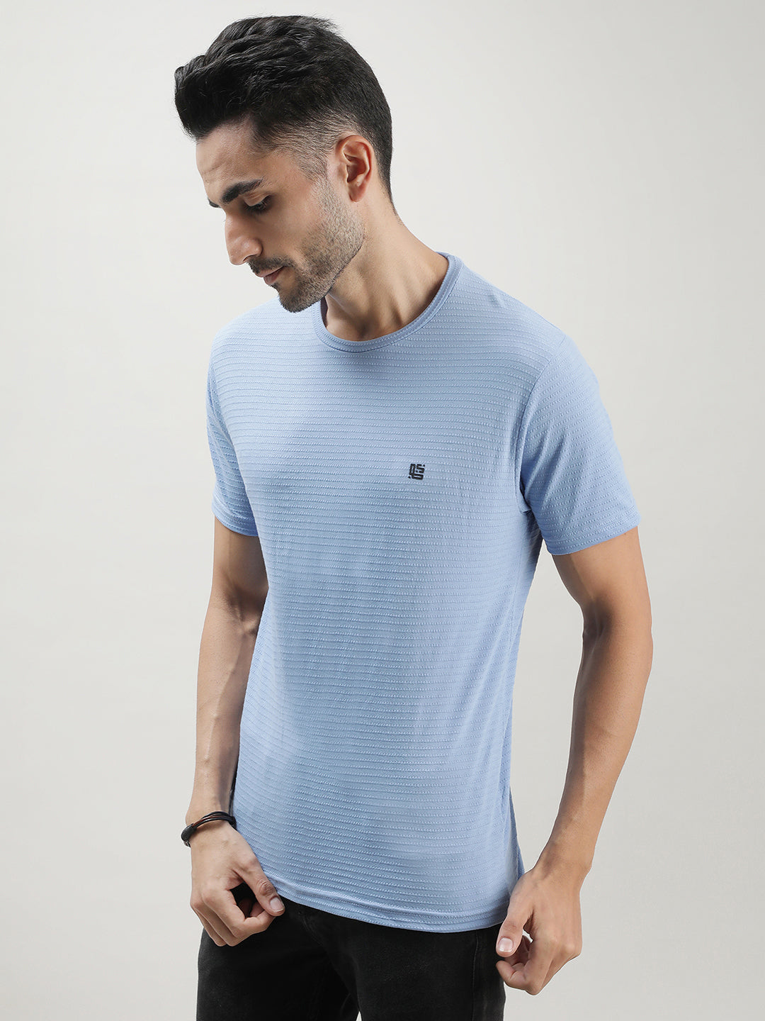 Sky Blue Solid Crew Neck T-shirt for Men