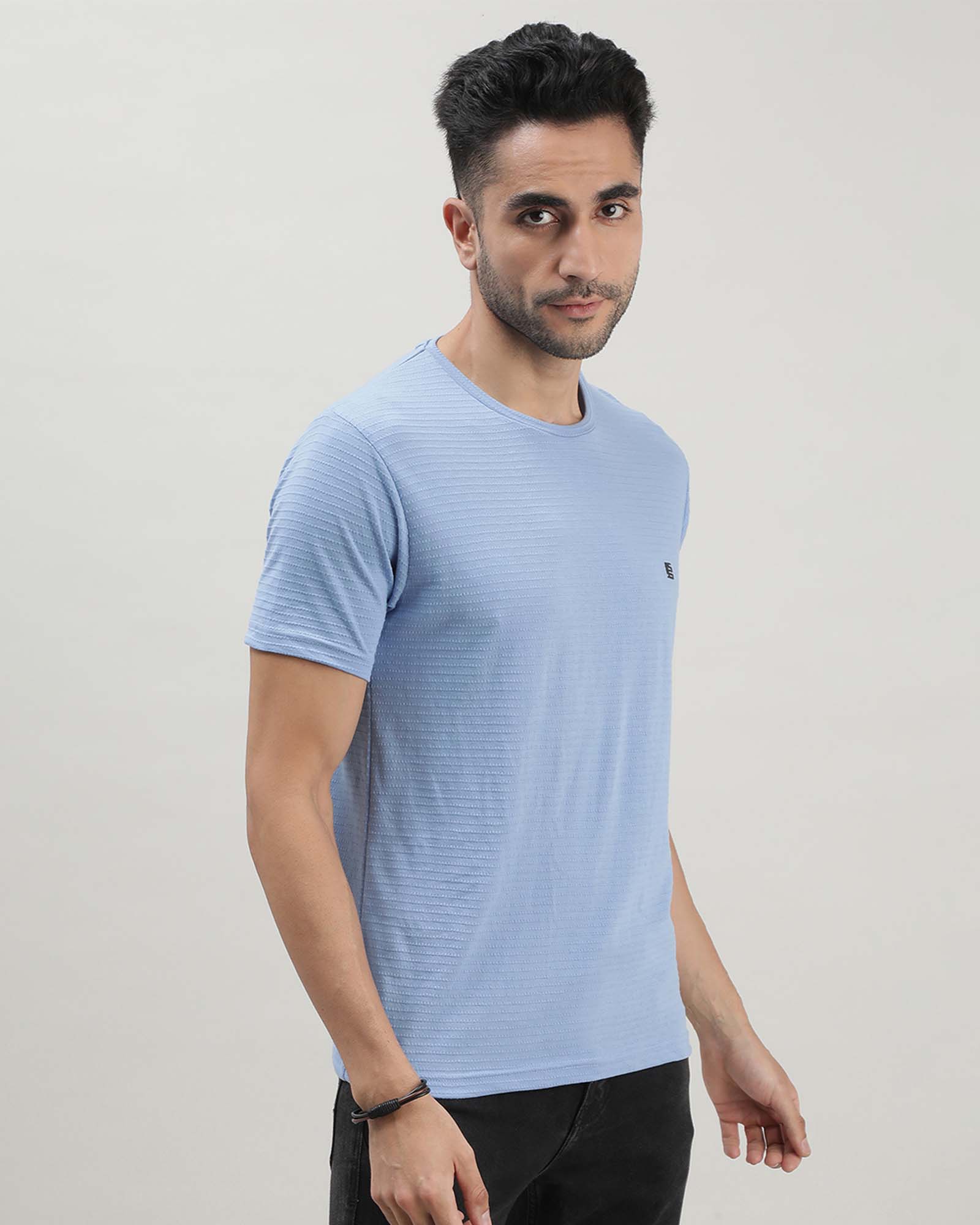 Blue Self Structured Round Neck Tshirt
