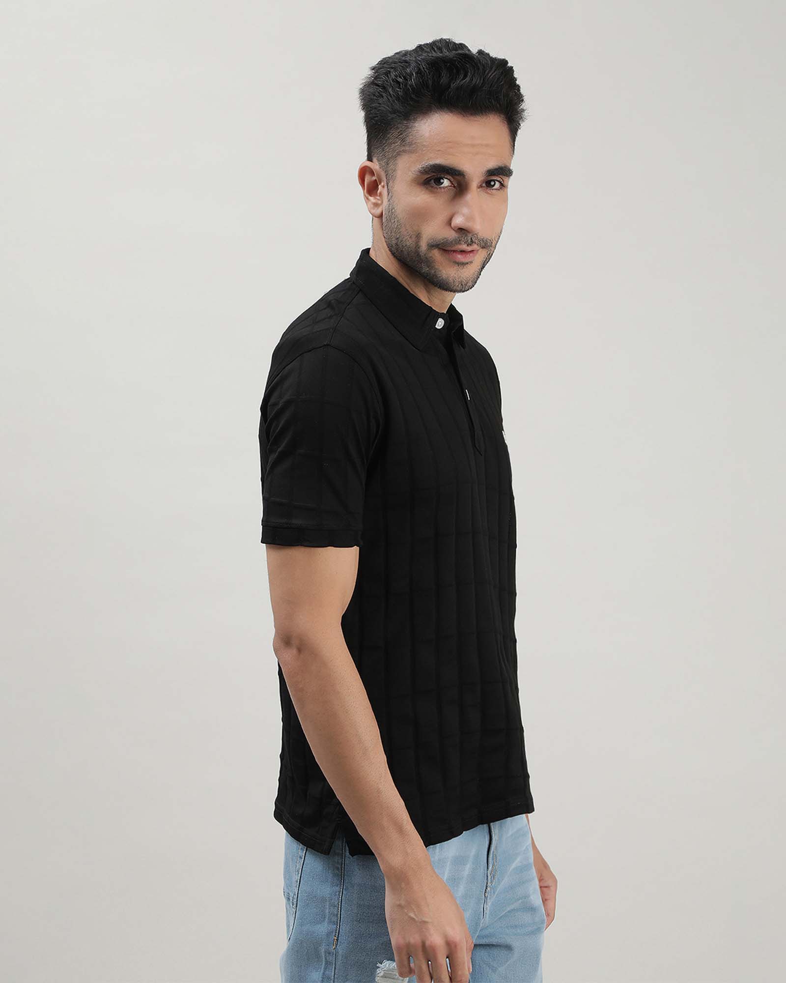 Jet Black Self Structured Polo Tshirt