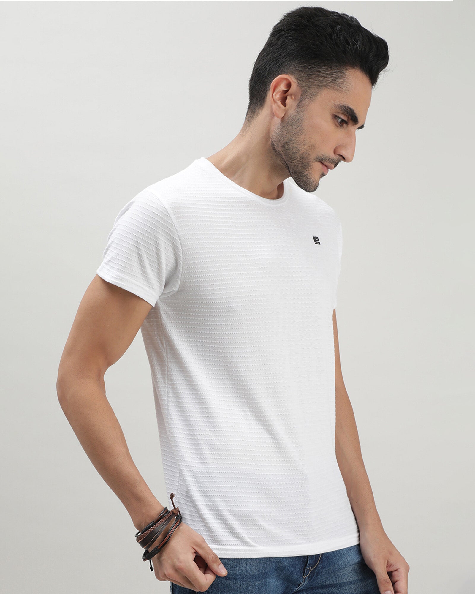 White Self Structured Round Neck Tshirt