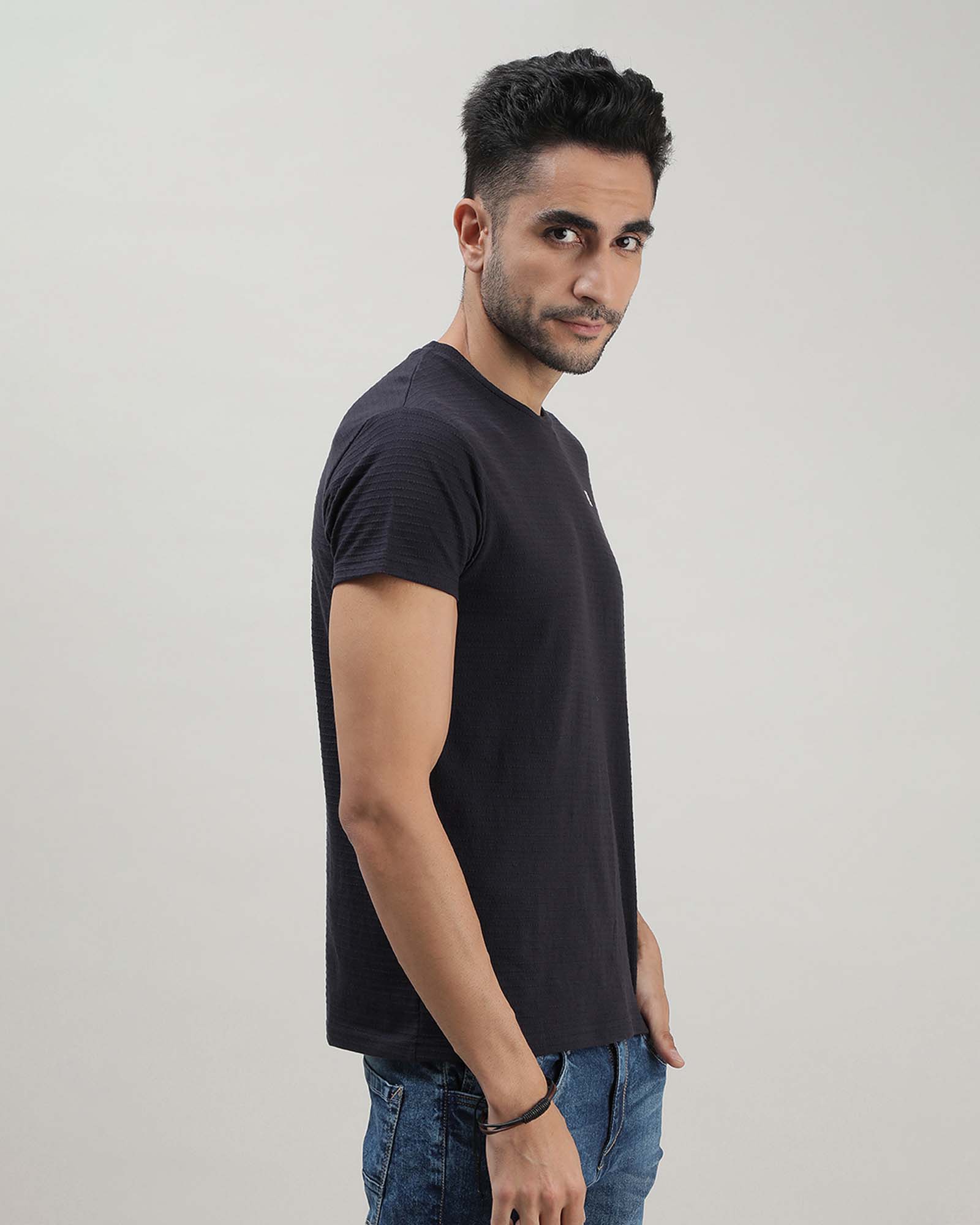 Navy Blue Self Structured Round Neck Tshirt