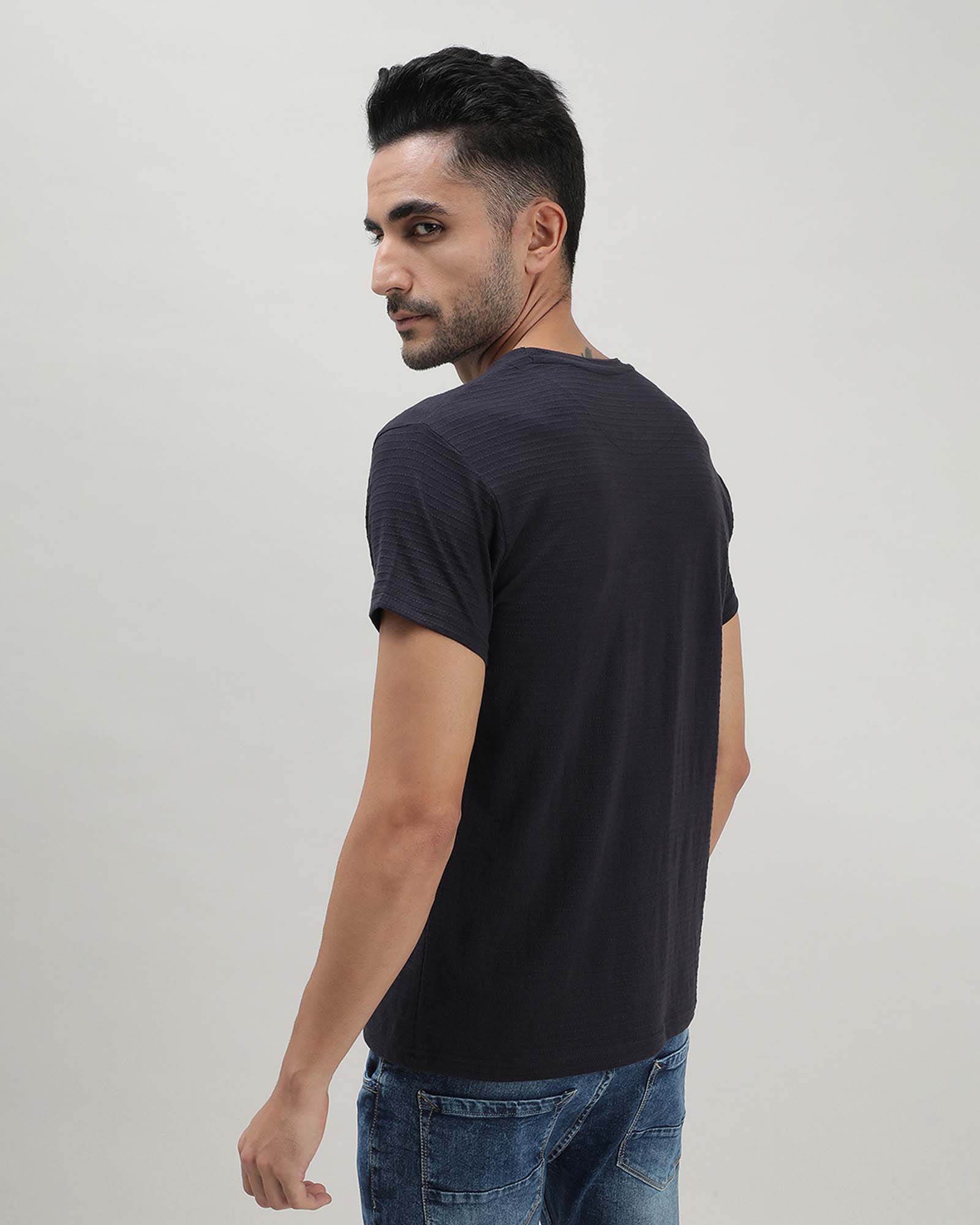 Navy Blue Self Structured Round Neck Tshirt