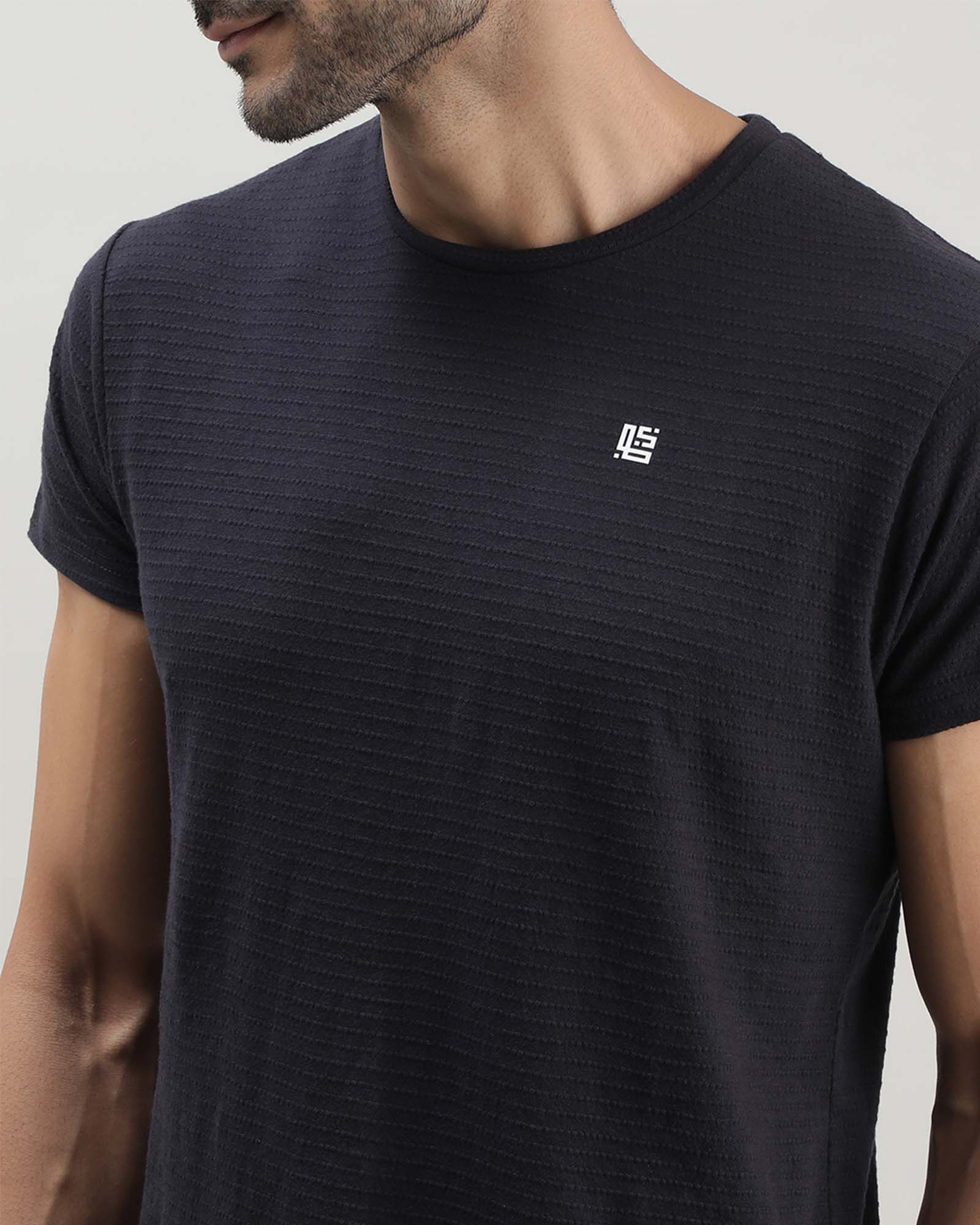 Navy Blue Self Structured Round Neck Tshirt