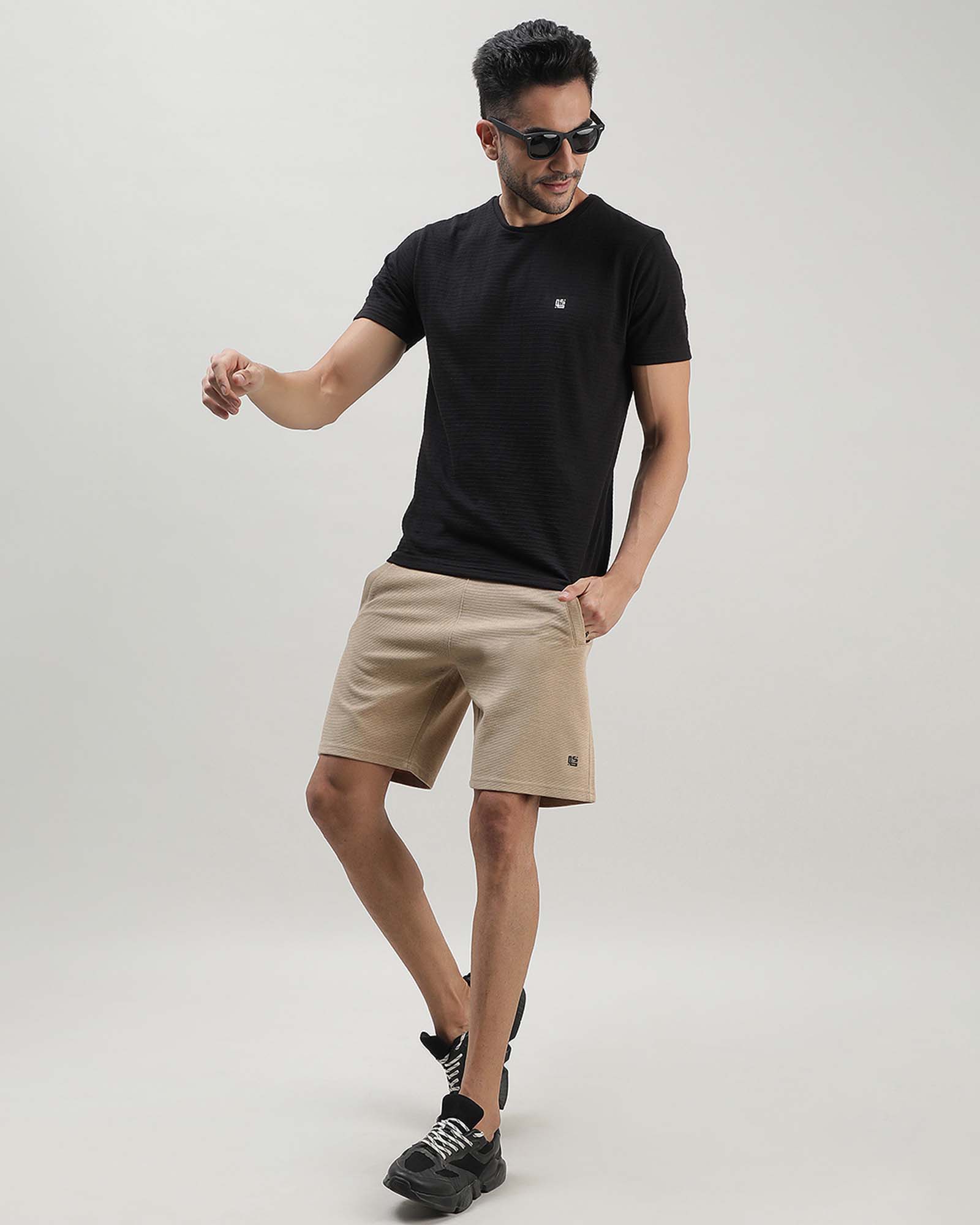 Beige Solid Track Shorts