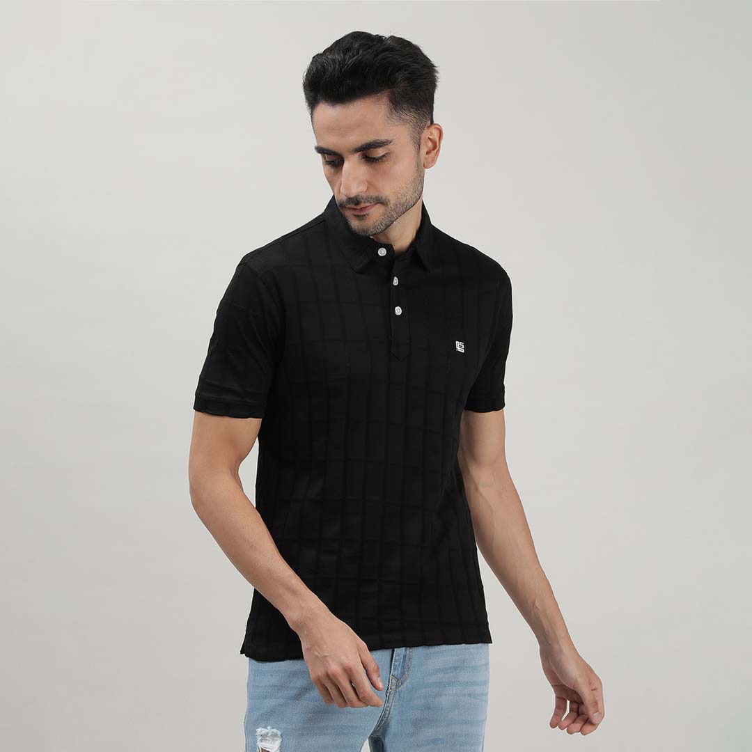 Jet Black Self Structured Polo Tshirt