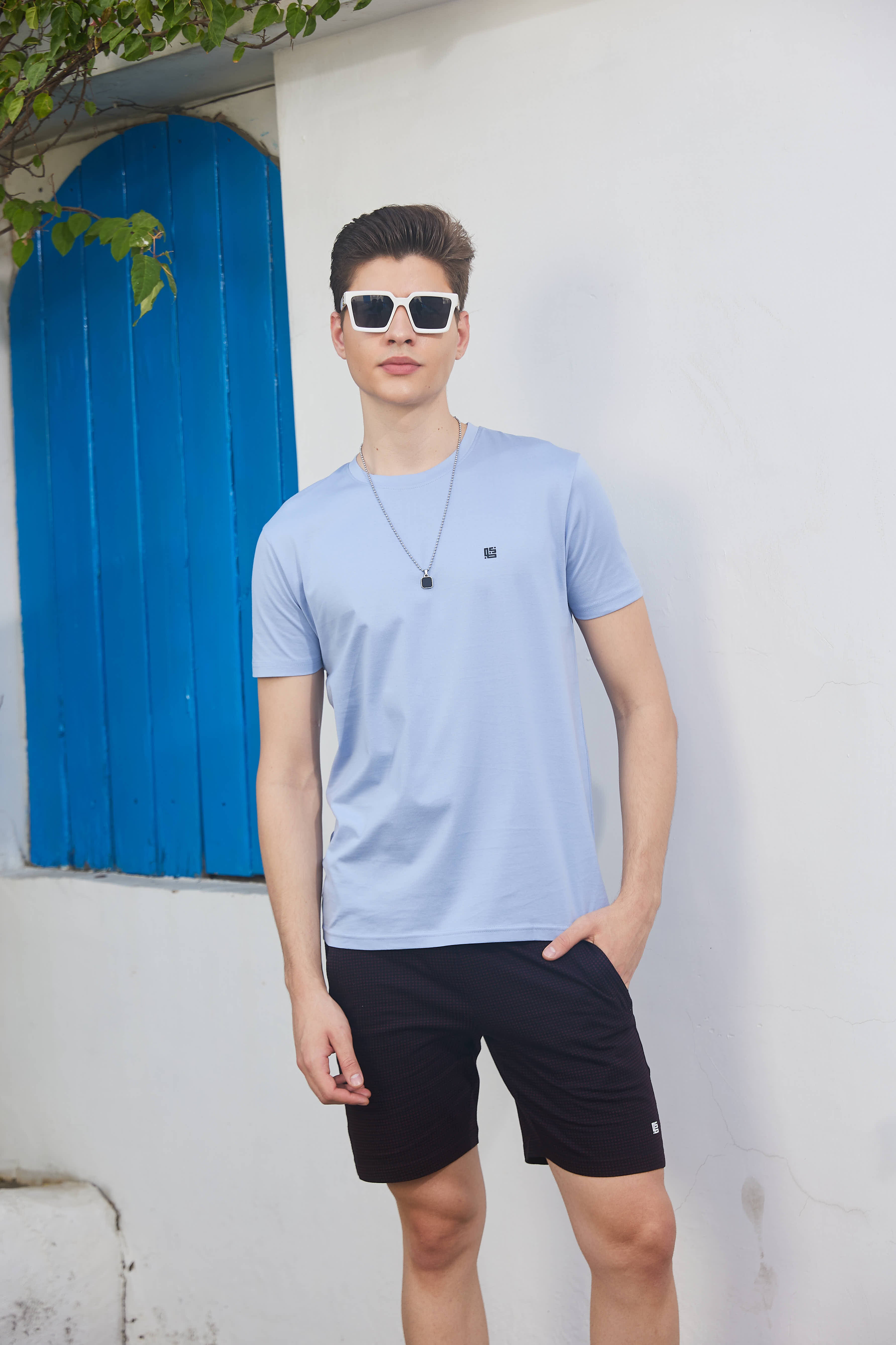 Light Blue Textured Solid Crew Neck T Shirt
