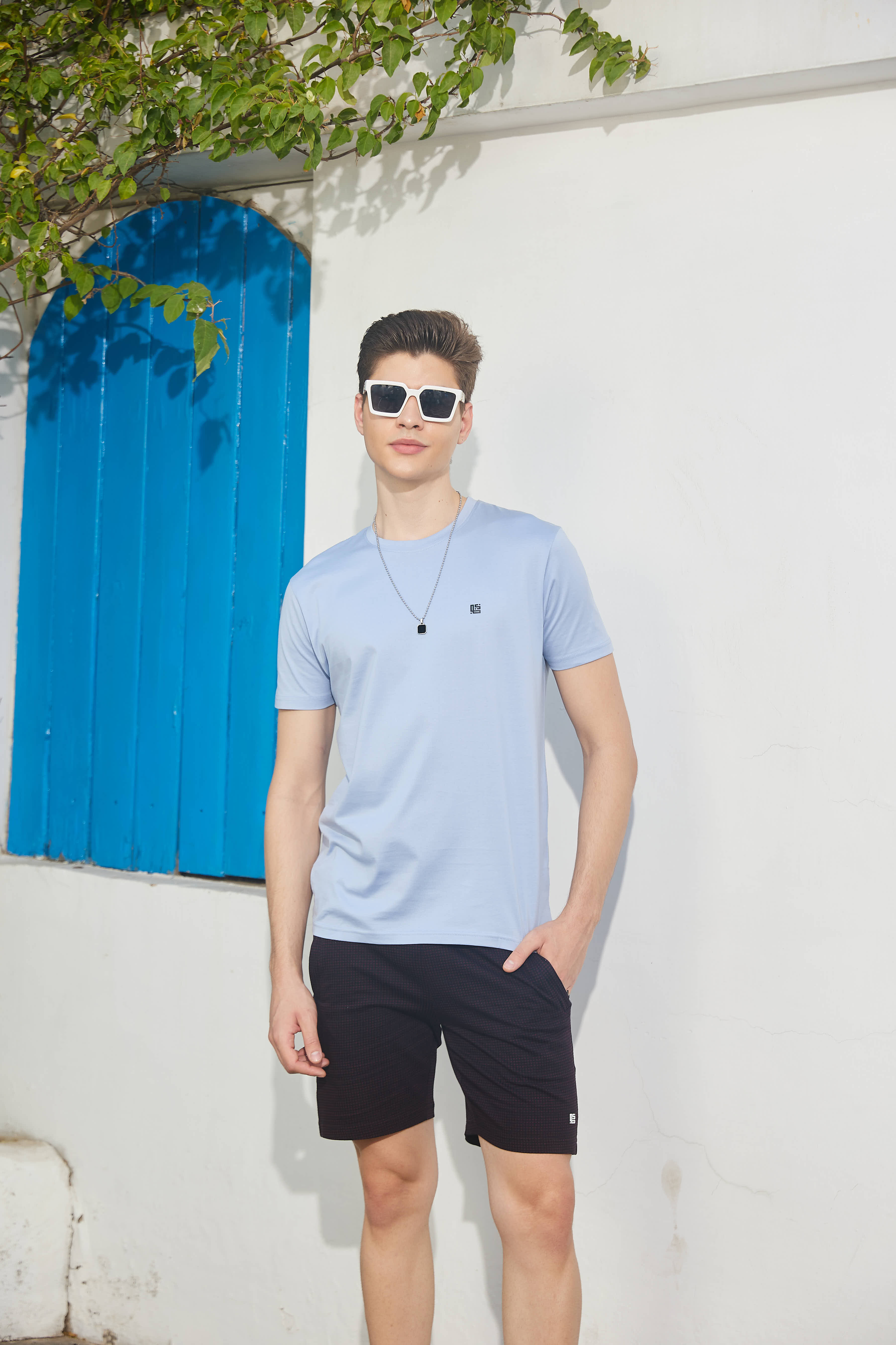 Light Blue Textured Solid Crew Neck T Shirt