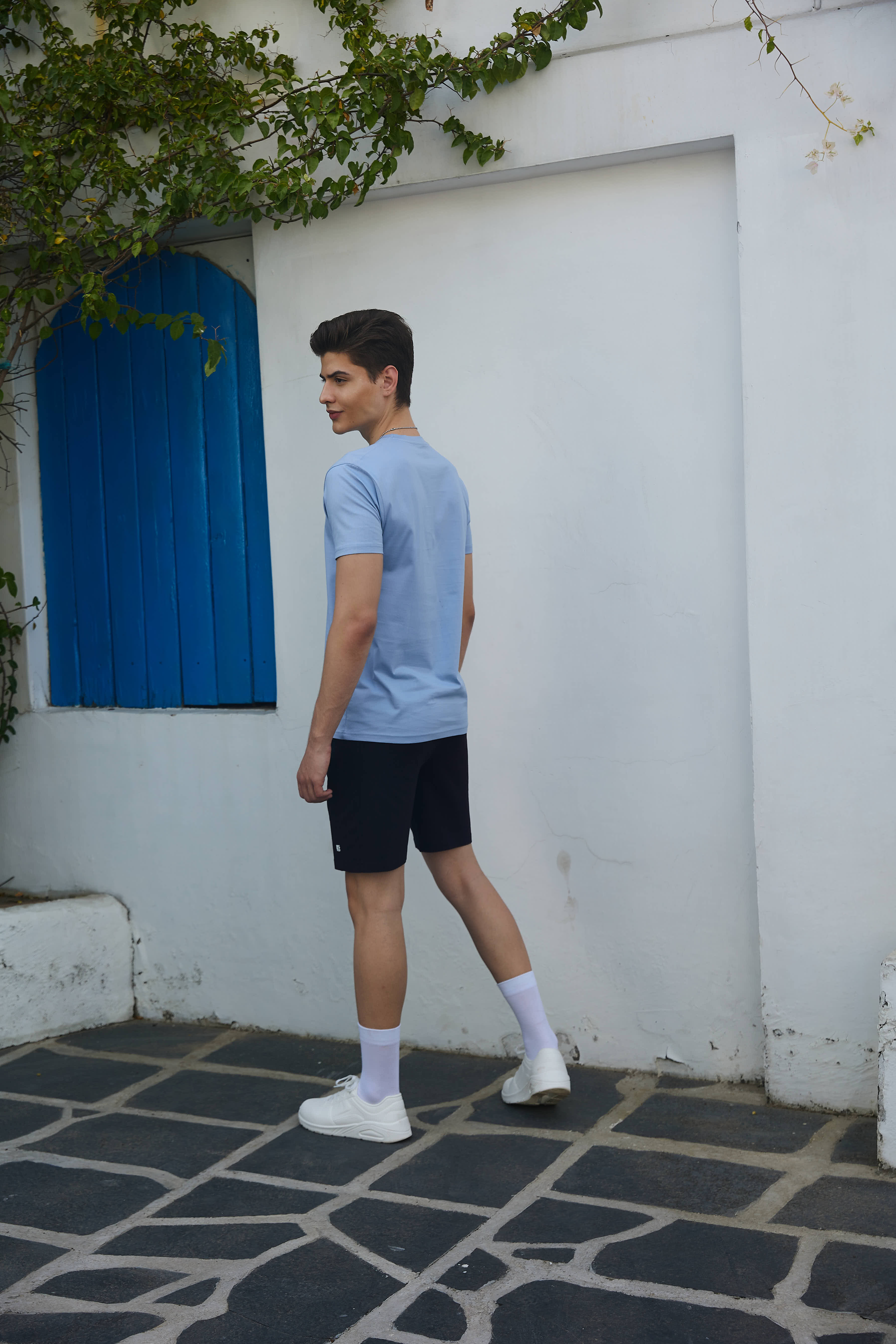 Light Blue Textured Solid Crew Neck T Shirt