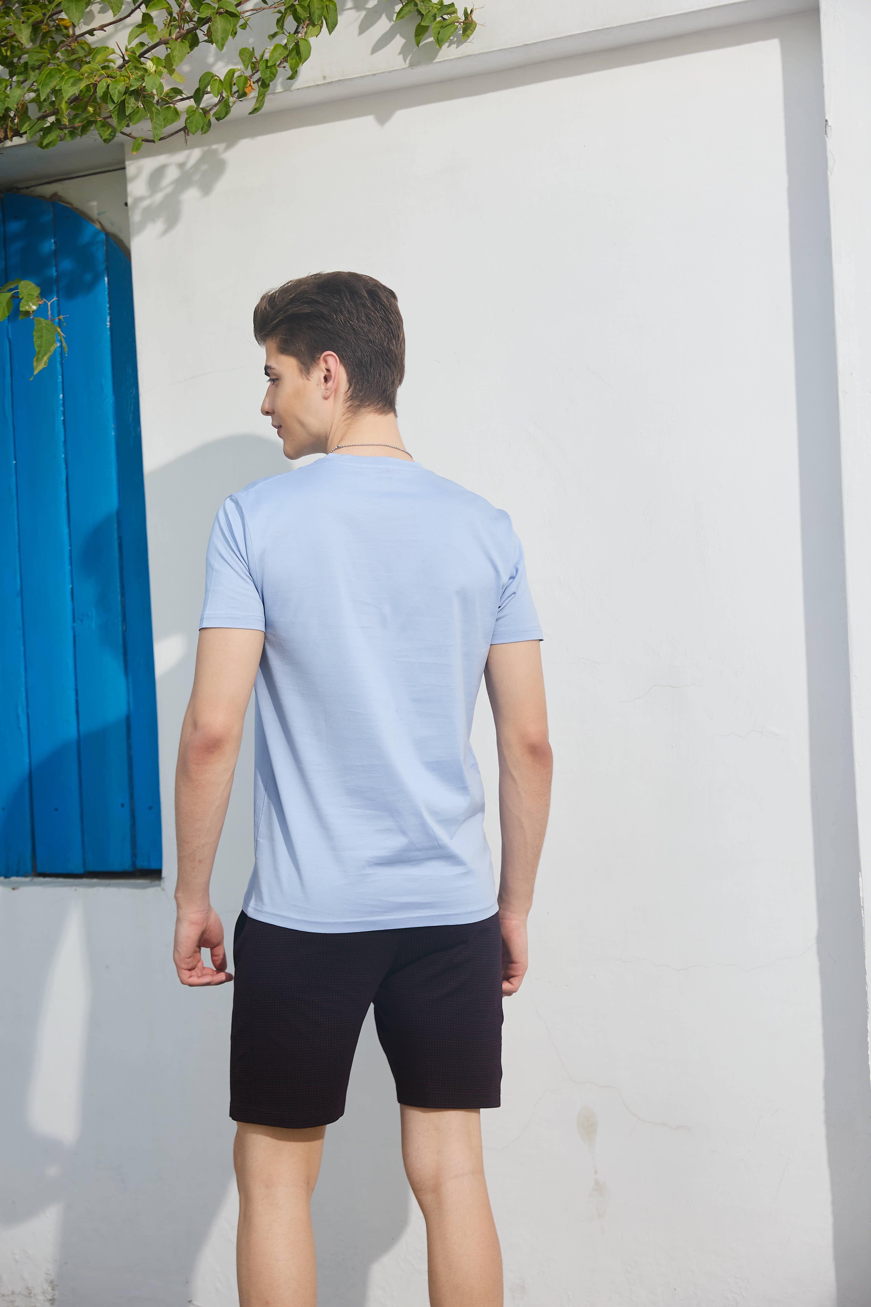 Light Blue Textured Solid Crew Neck T Shirt
