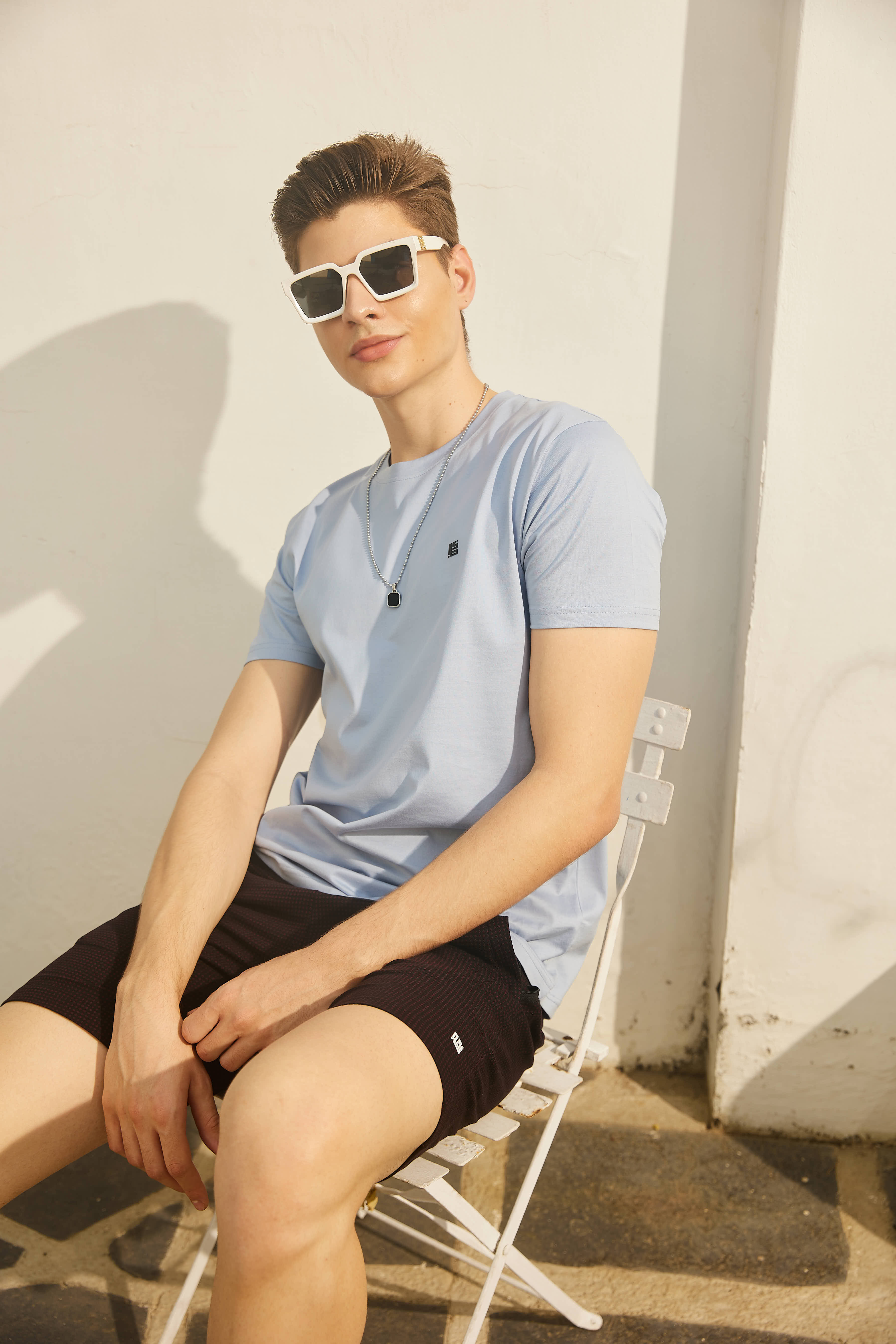 Light Blue Textured Solid Crew Neck T Shirt