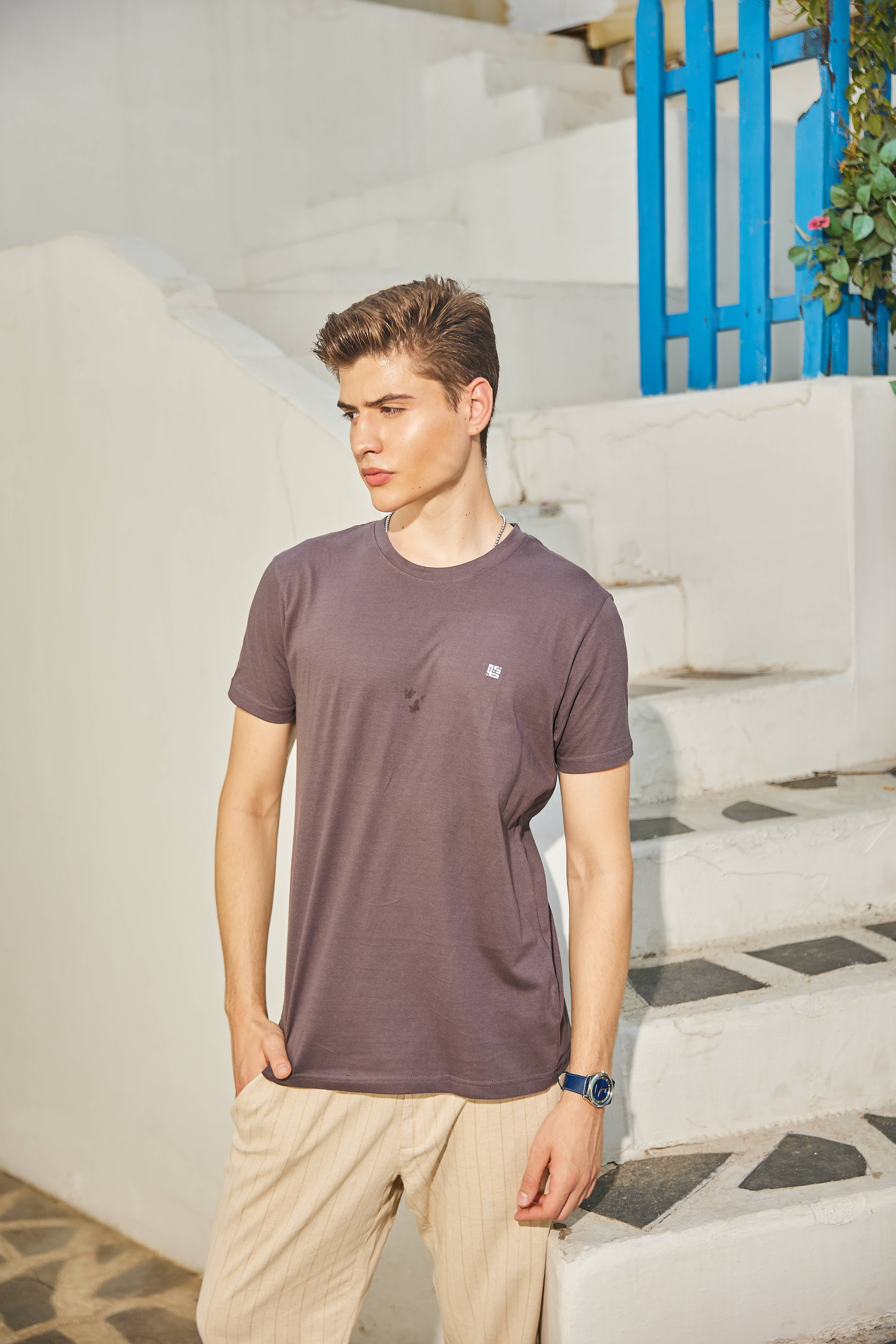 Rose Mauve Textured Solid Crew Neck T Shirt