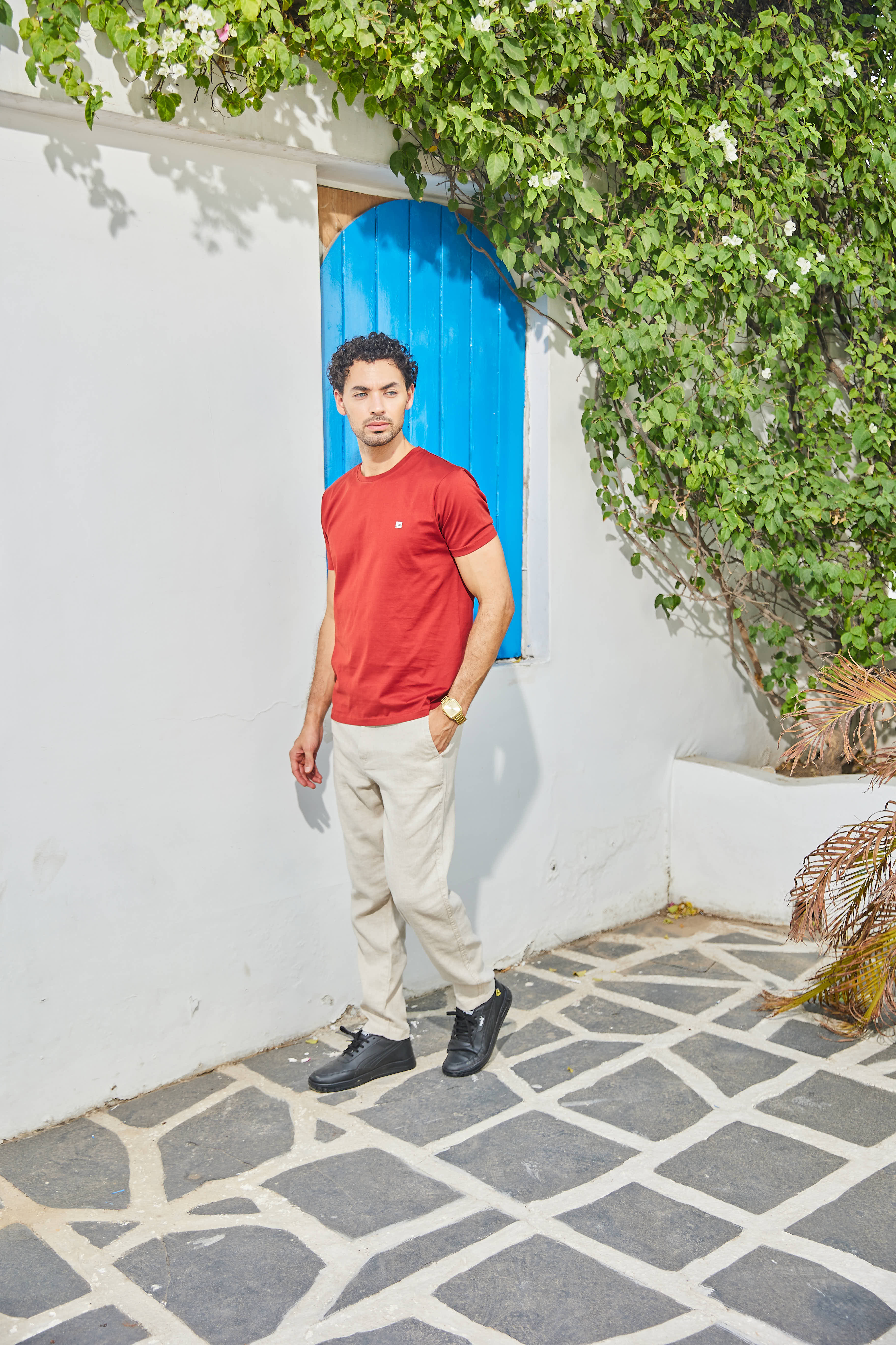 Chilli Red Textured Solid Crew Neck T Shirt