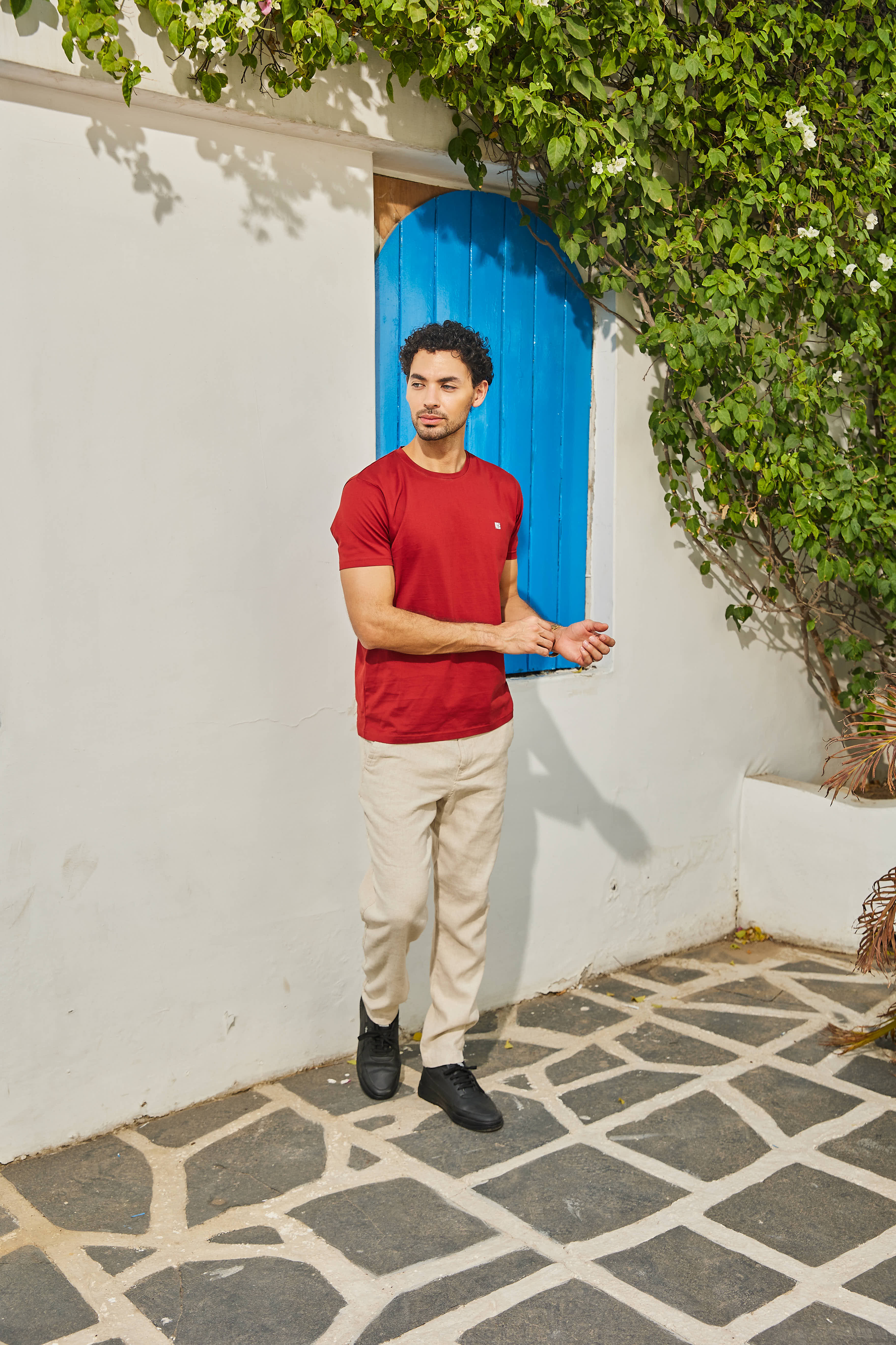 Chilli Red Textured Solid Crew Neck T Shirt