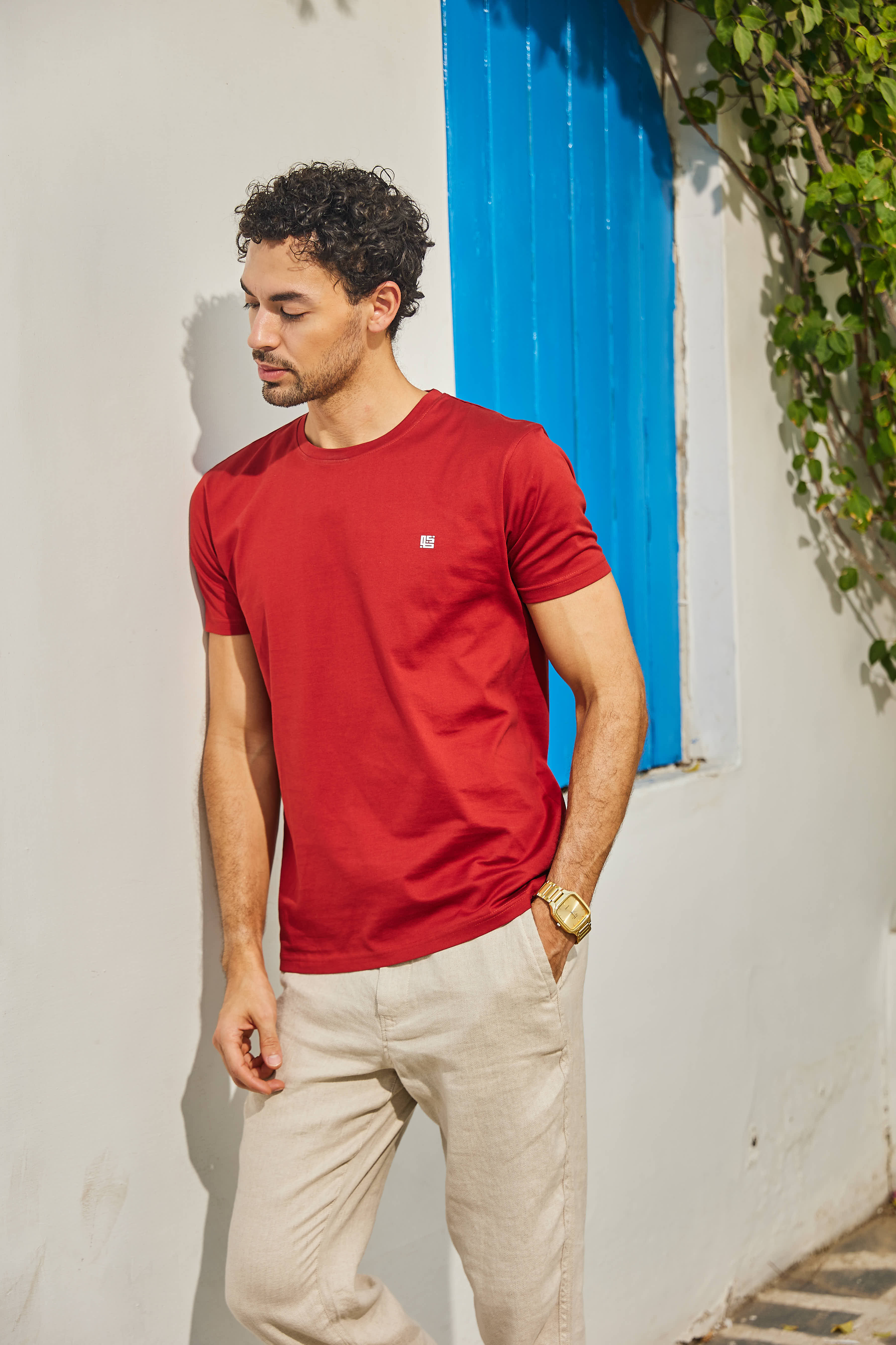 Chilli Red Textured Solid Crew Neck T Shirt
