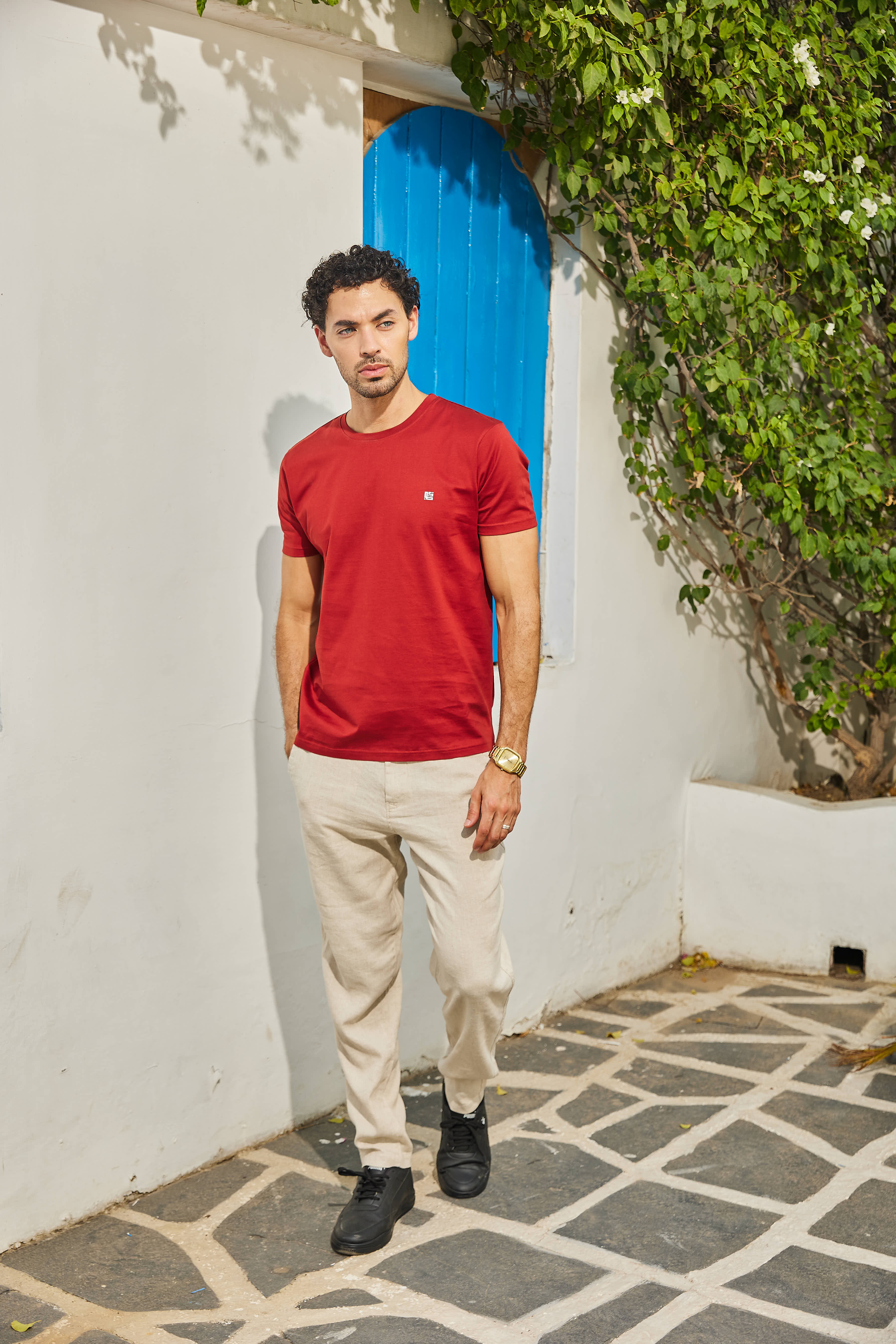 Chilli Red Textured Solid Crew Neck T Shirt
