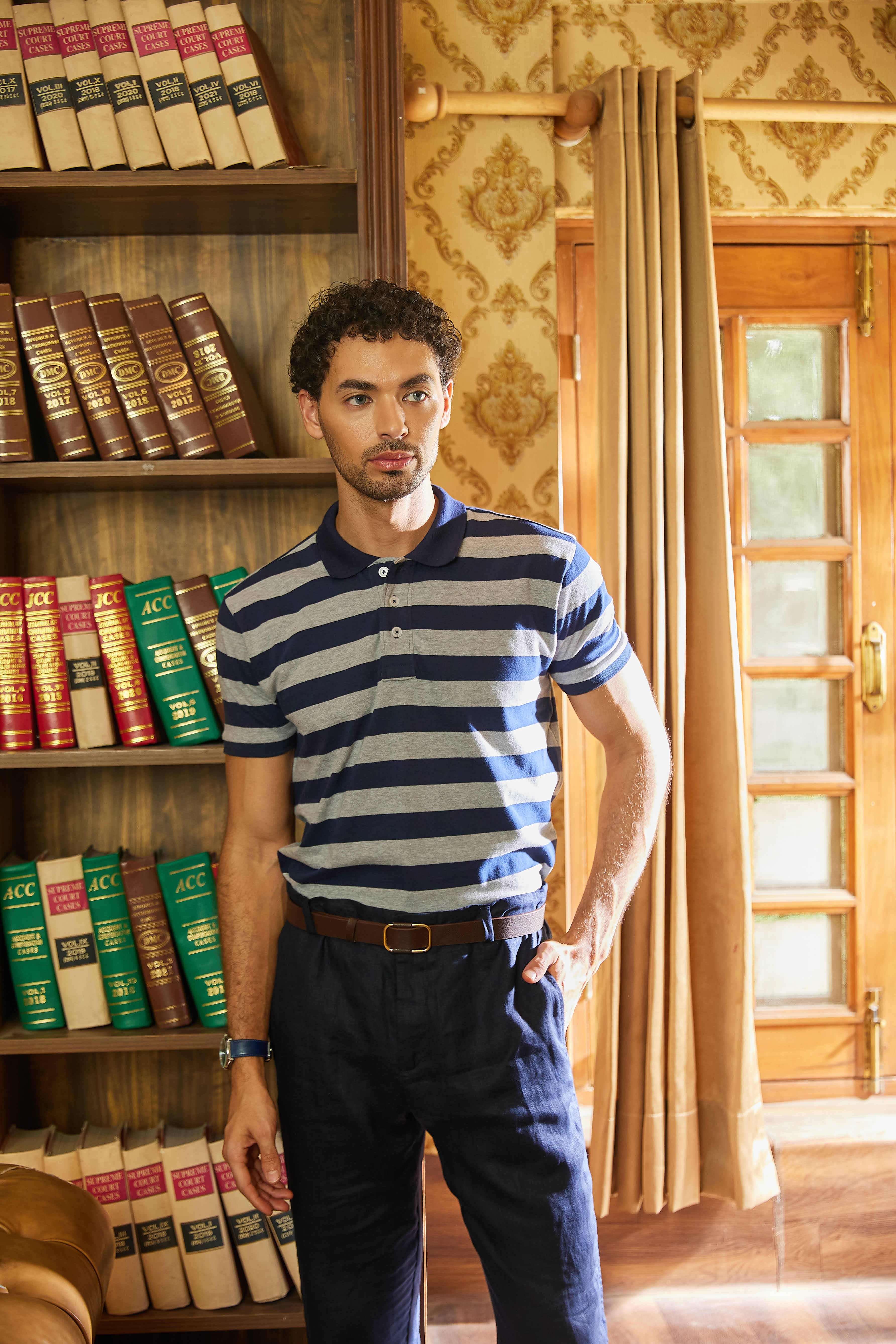 Navy Grey Striped Collar Polo T Shirt