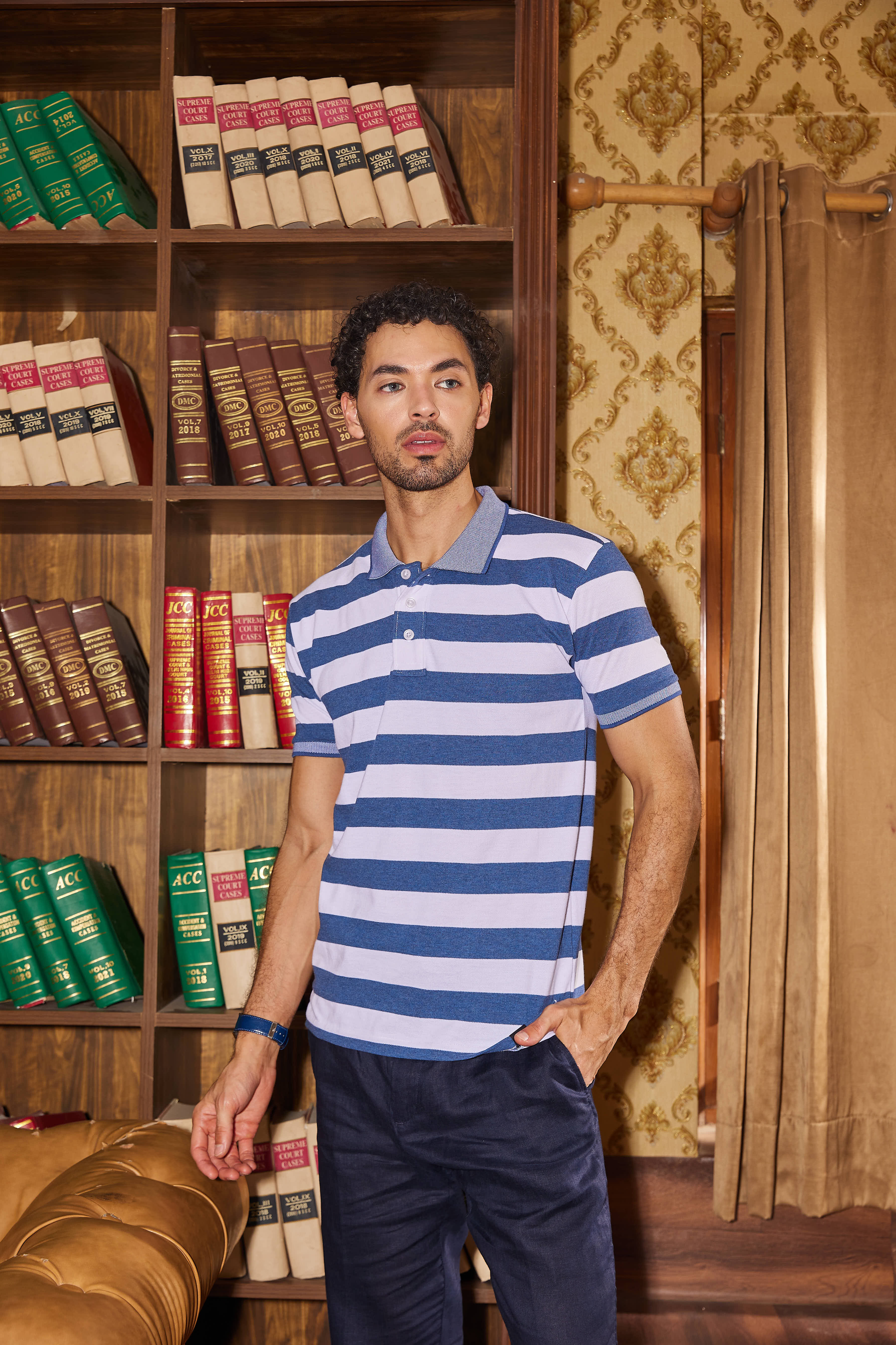 Navy Off white Striped Collar Polo T Shirt
