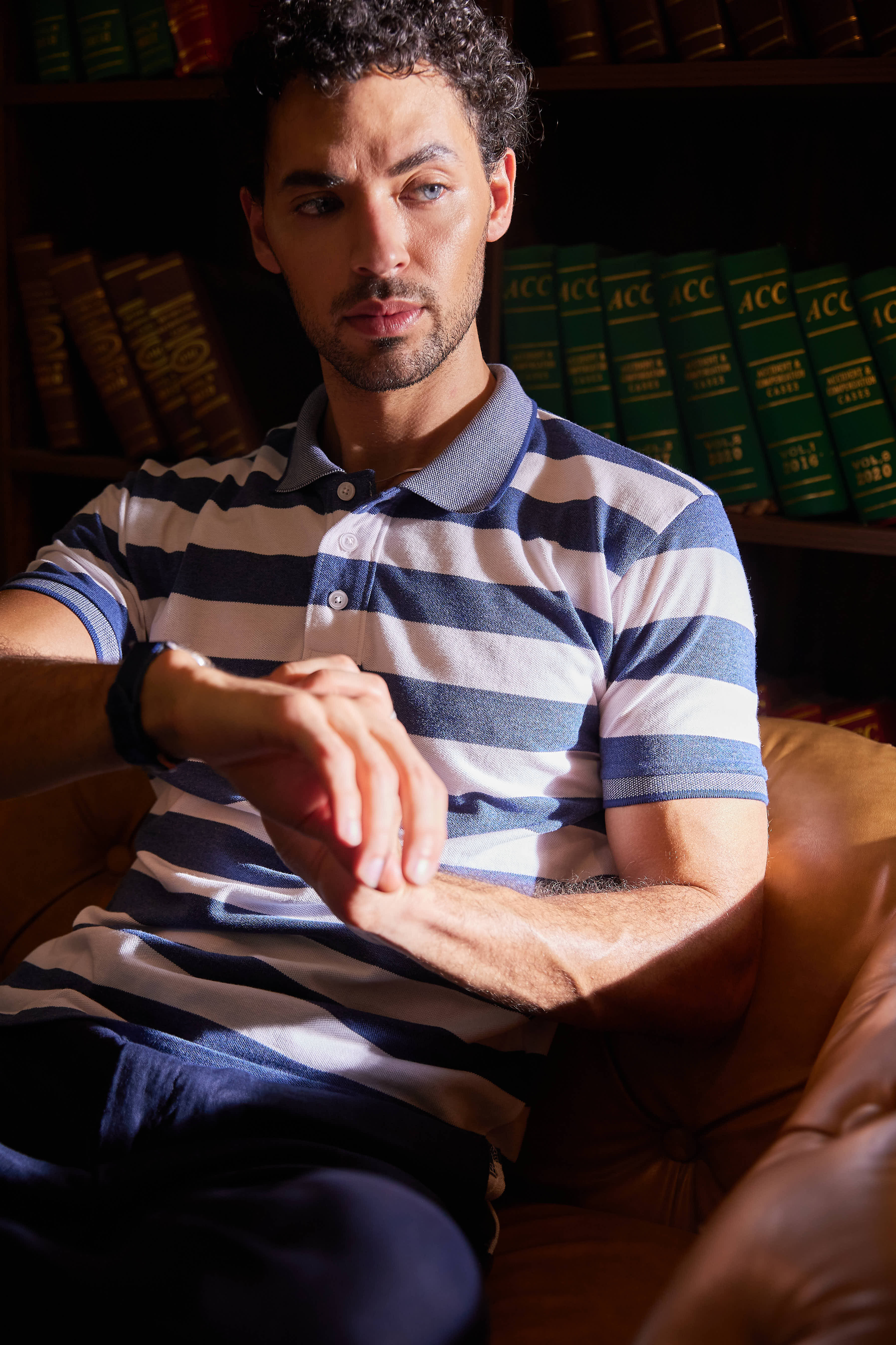 Navy Off white Striped Collar Polo T Shirt