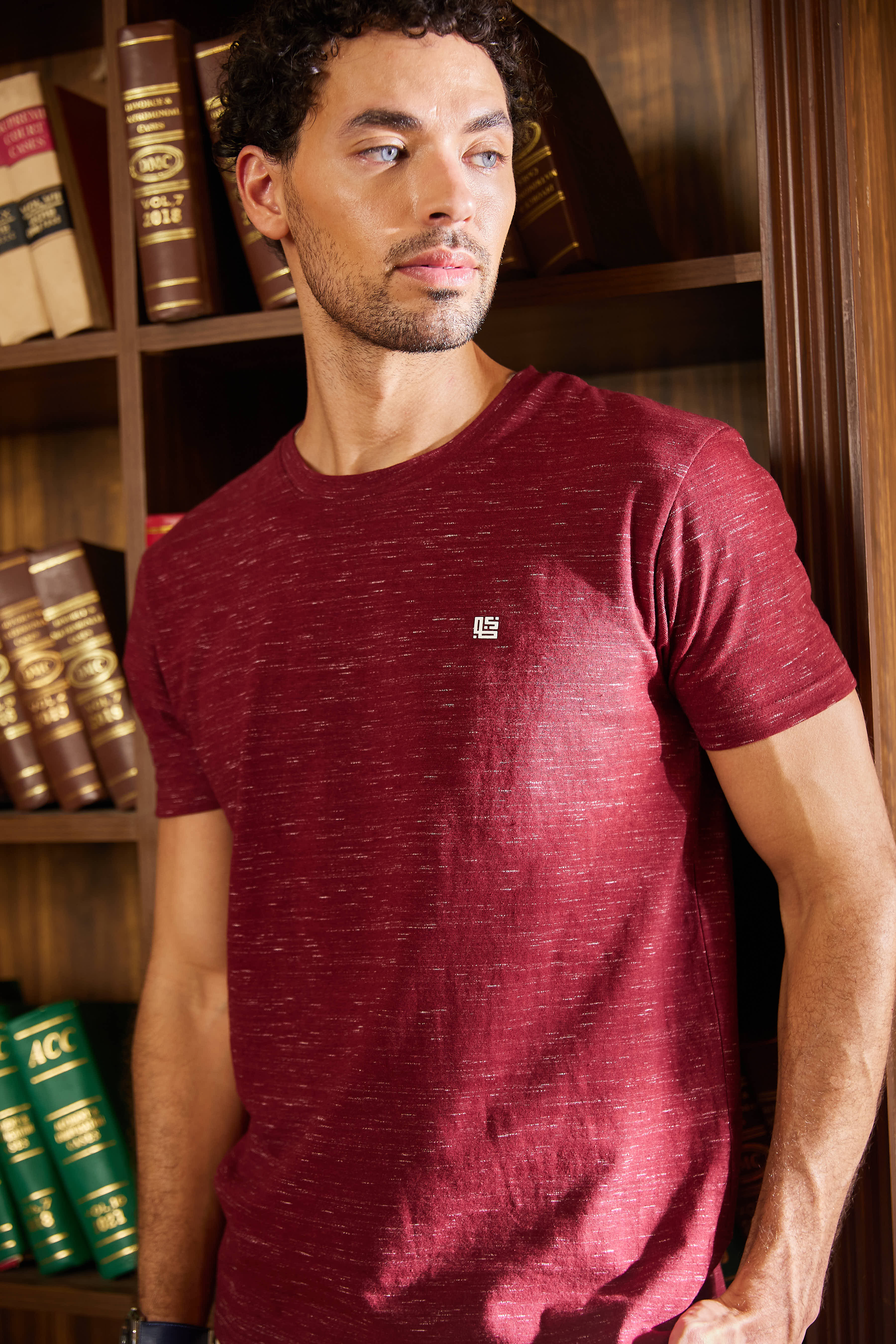 Maroon Textured Solid Crew Neck T Shirt