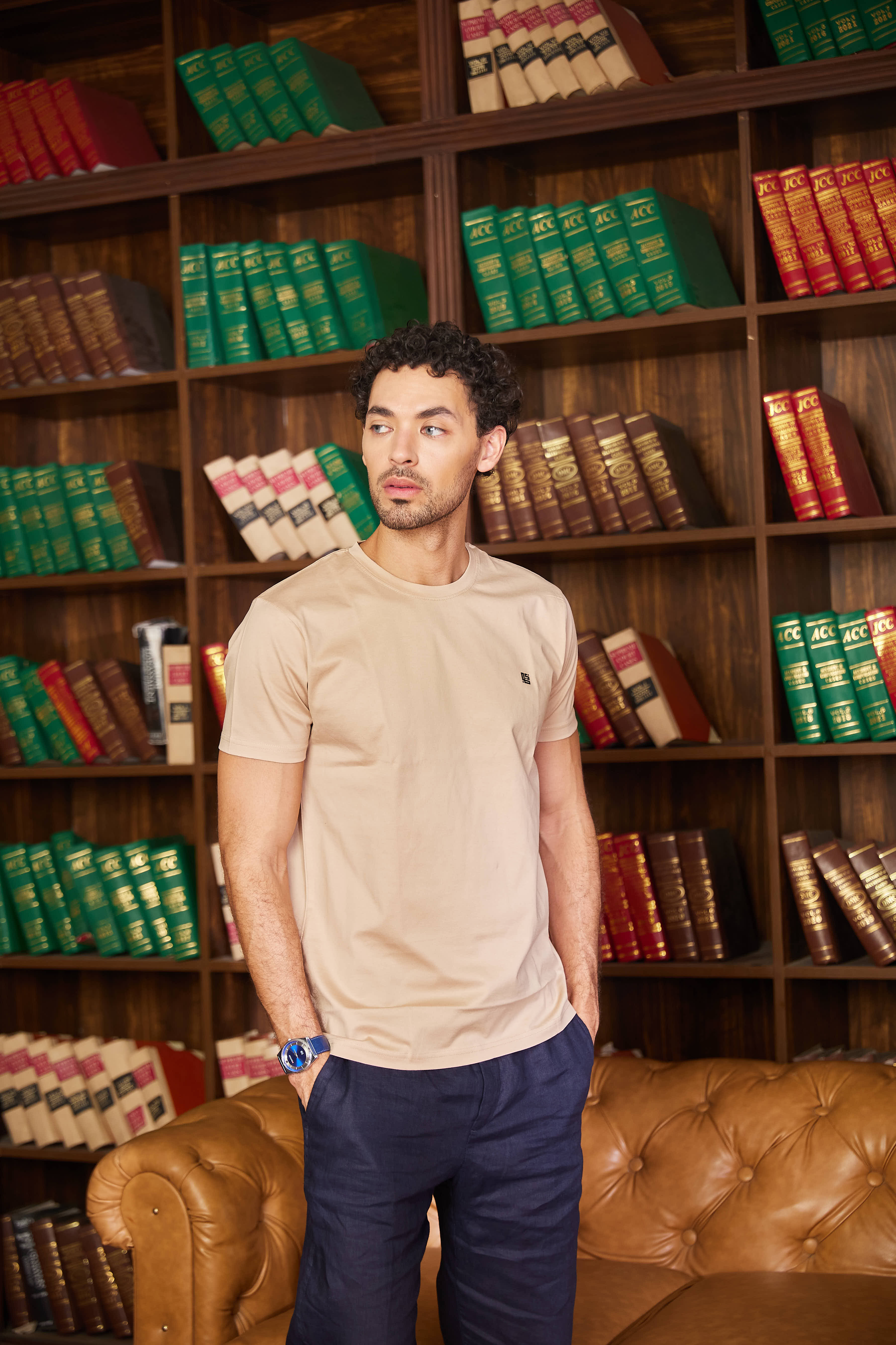 Beige Textured Solid Crew Neck T Shirt