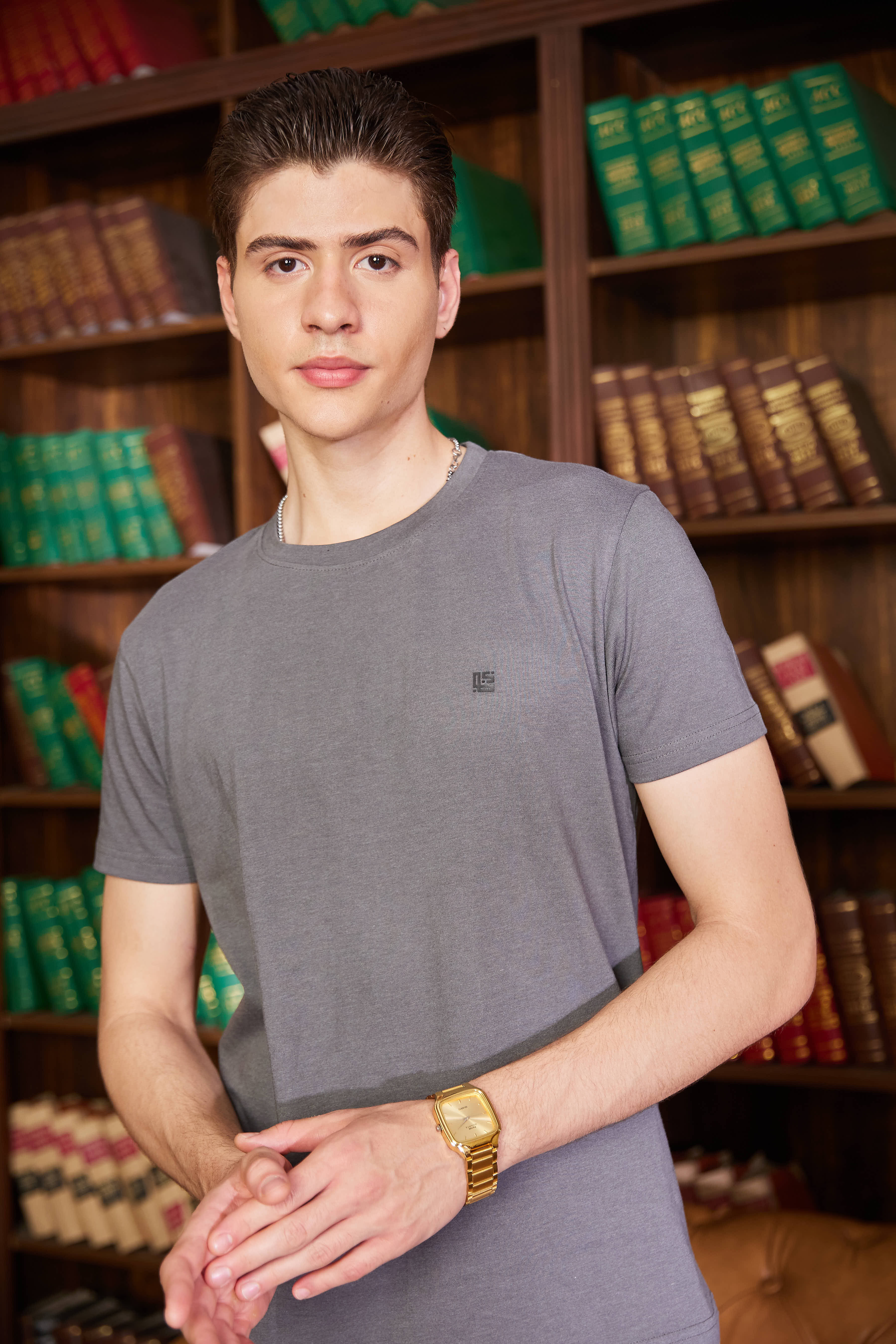 Gray Textured Solid Crew Neck T Shirt