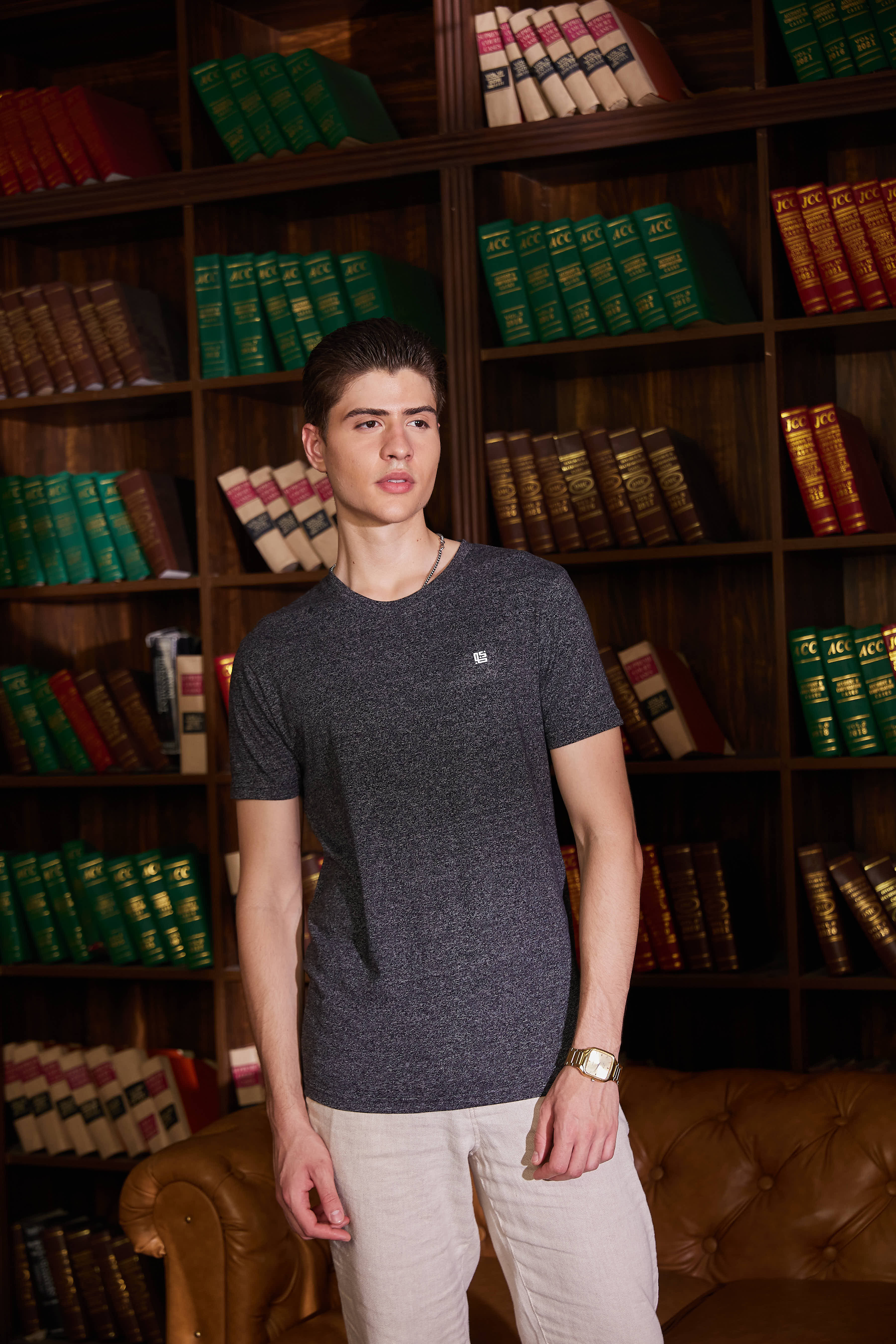 Dark Grey Textured Solid Crew Neck T Shirt