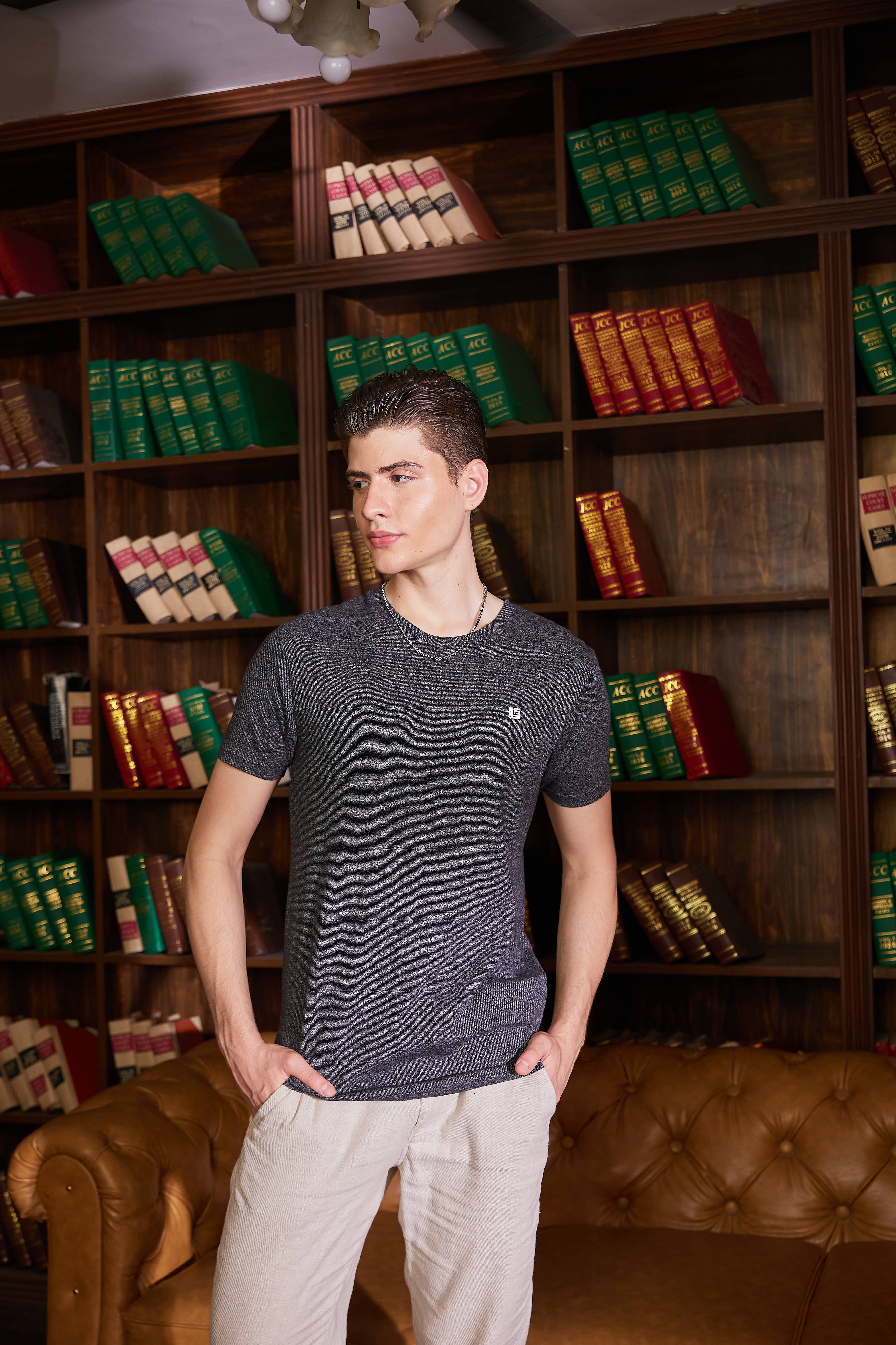 Dark Grey Textured Solid Crew Neck T Shirt