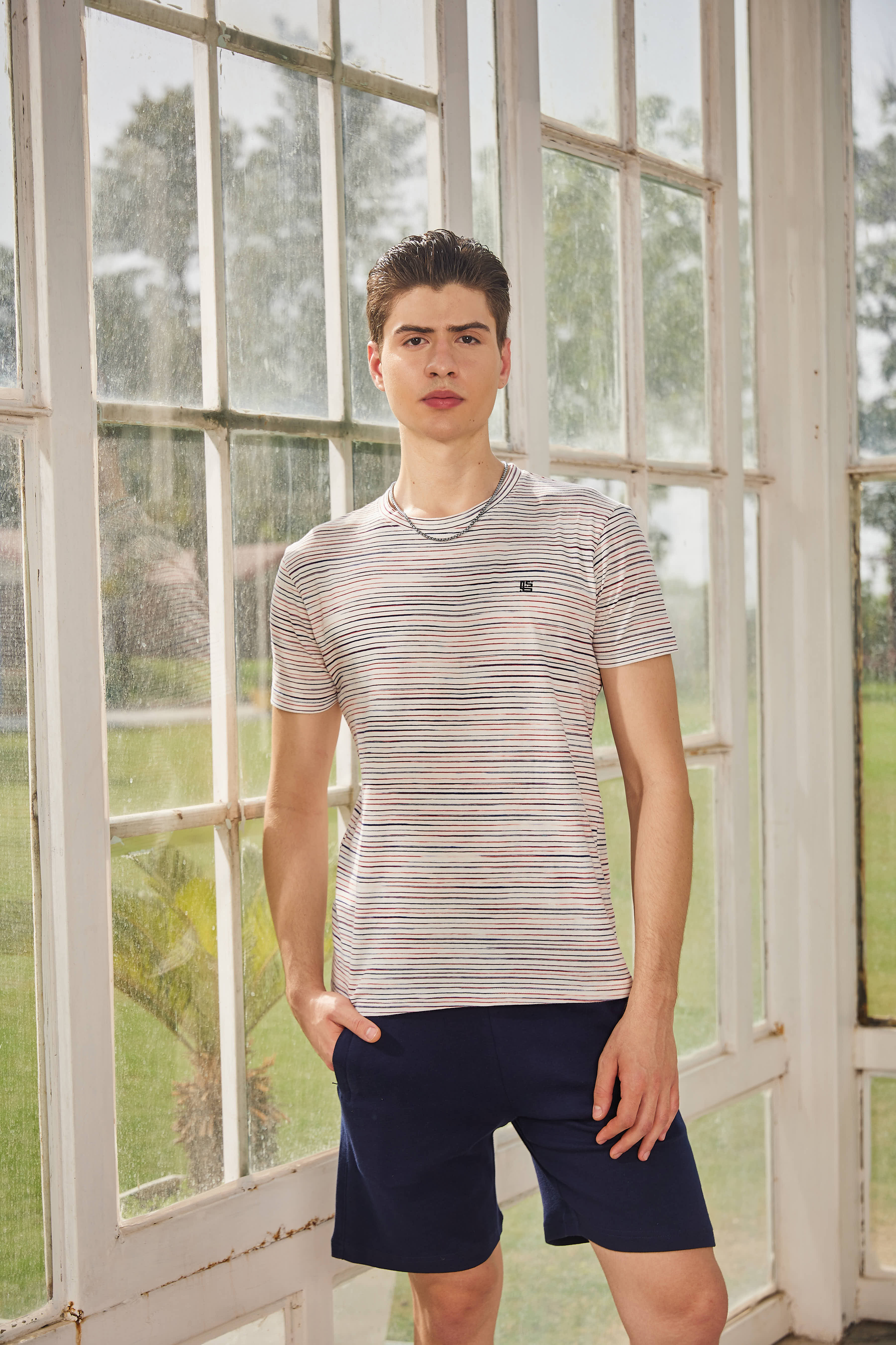 Beige Textured Solid Crew Neck T Shirt
