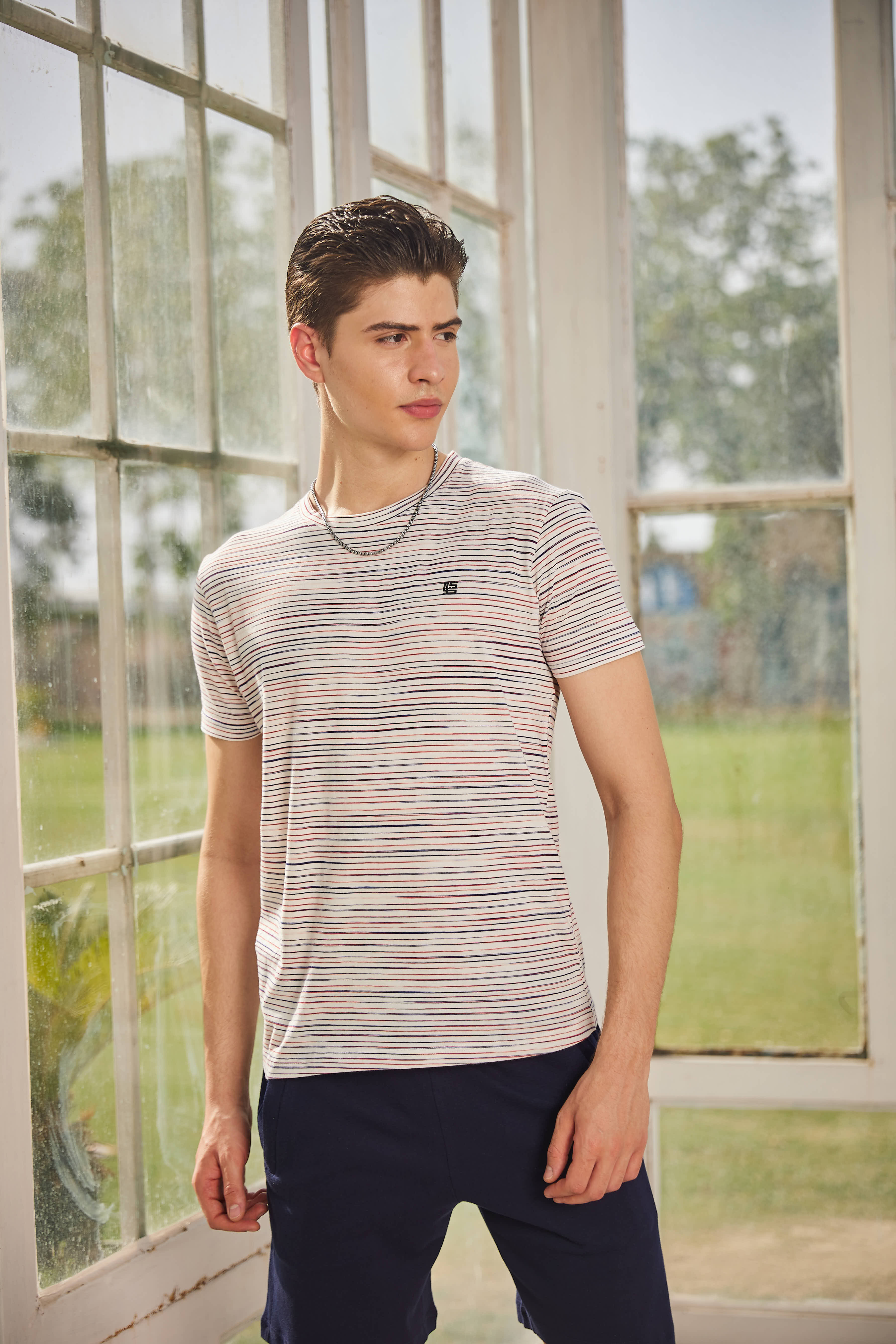Beige Textured Solid Crew Neck T Shirt
