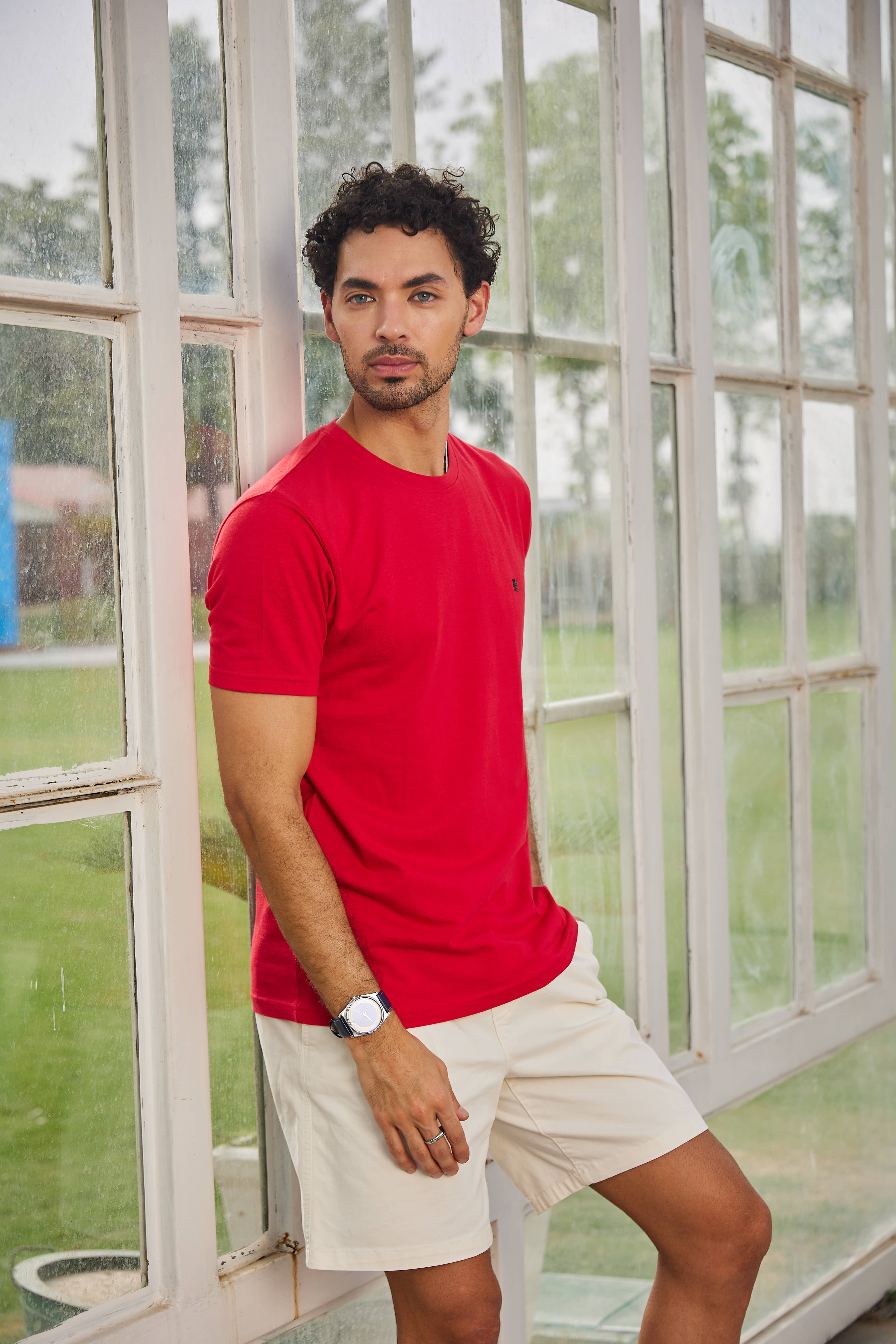 Red Textured Solid Crew Neck T Shirt
