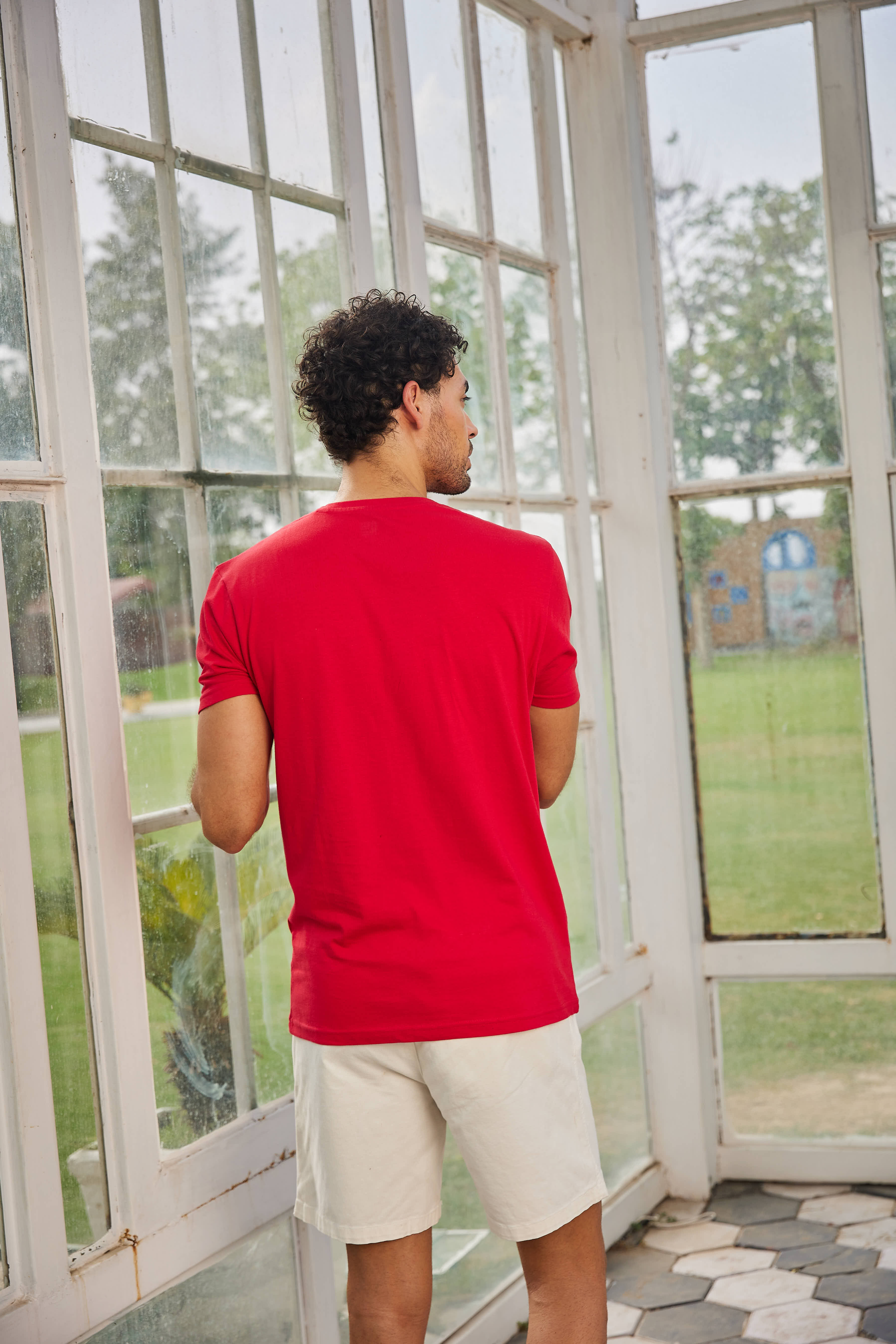 Red Textured Solid Crew Neck T Shirt
