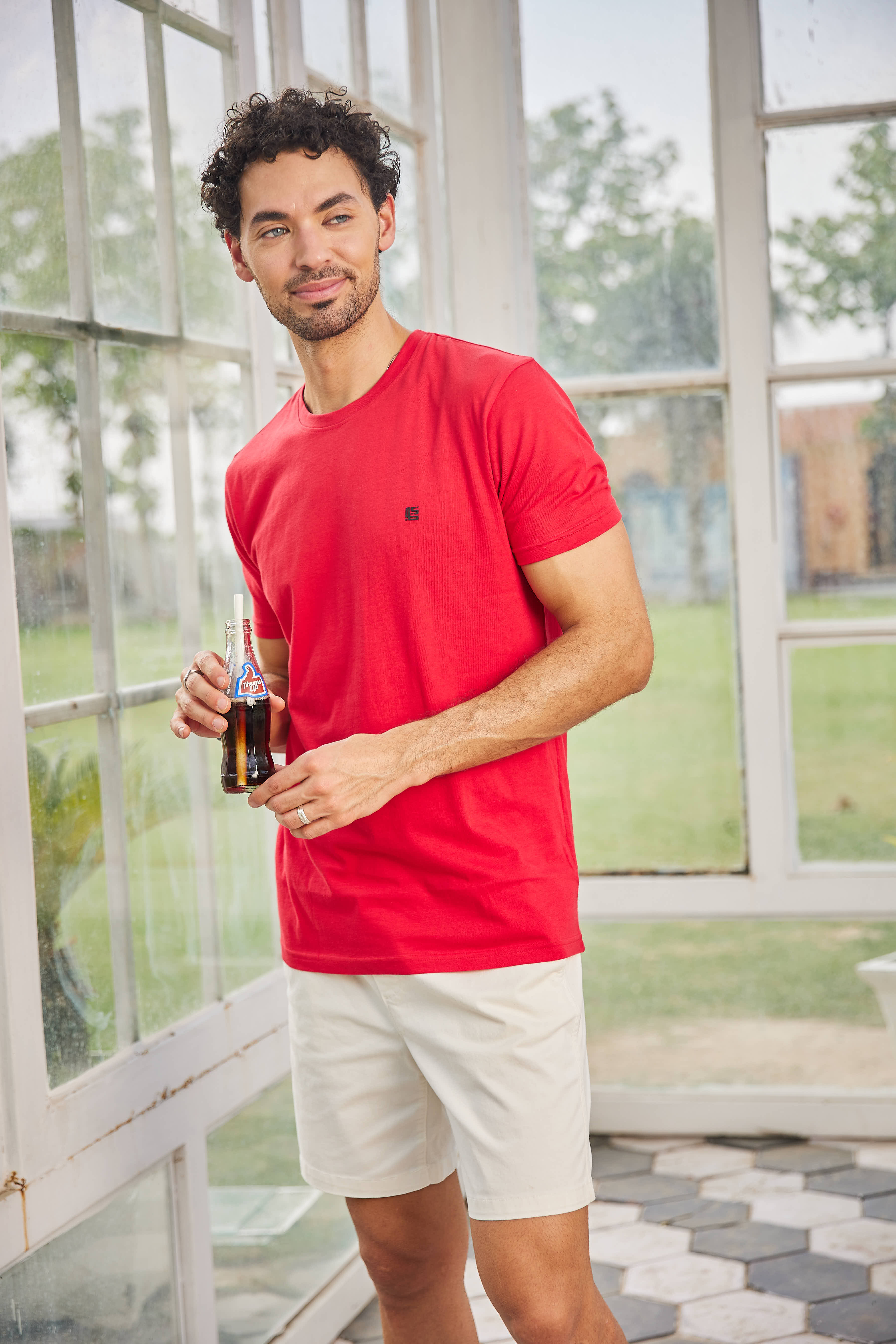 Red Textured Solid Crew Neck T Shirt