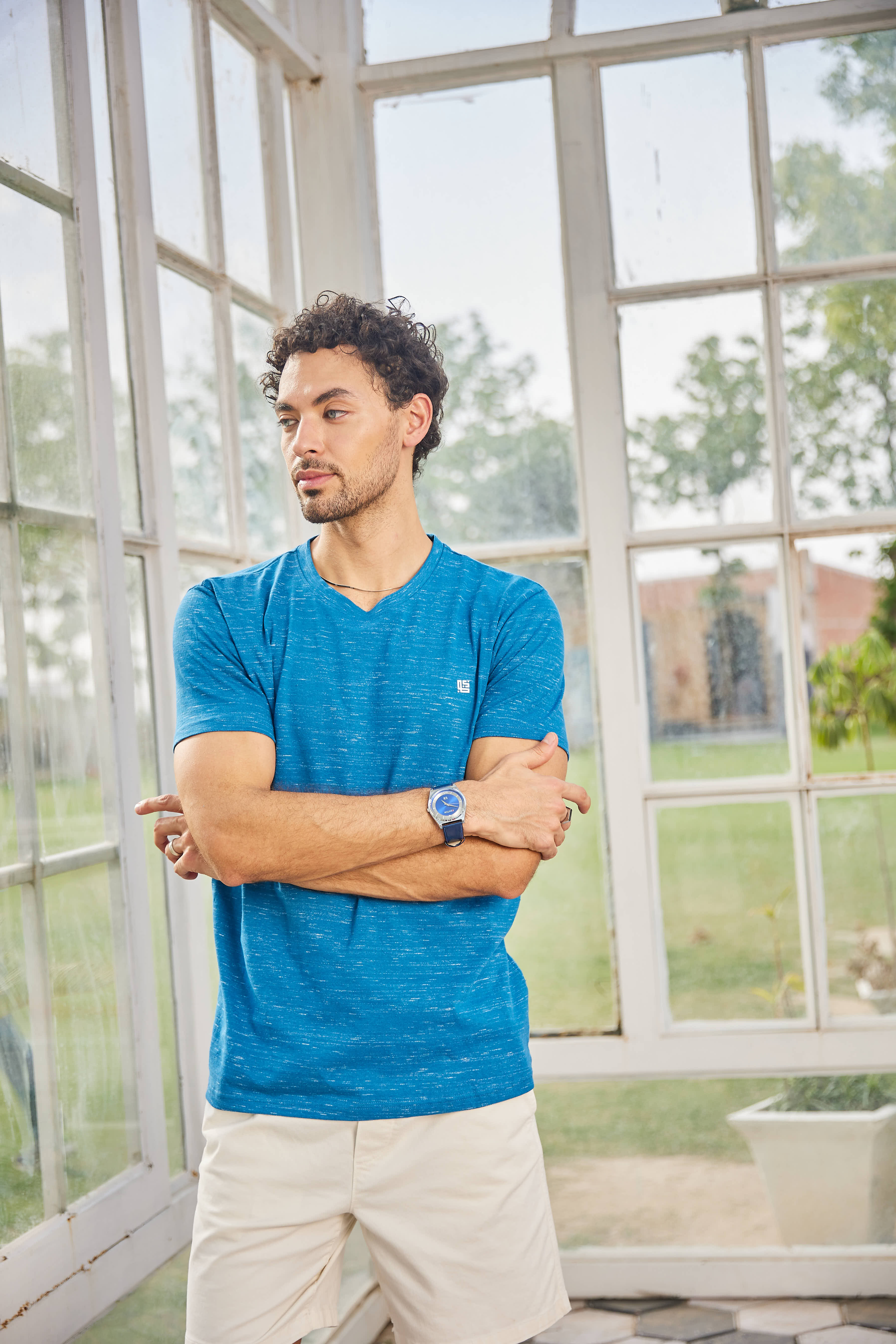 Royal Blue Textured Solid Crew Neck T Shirt