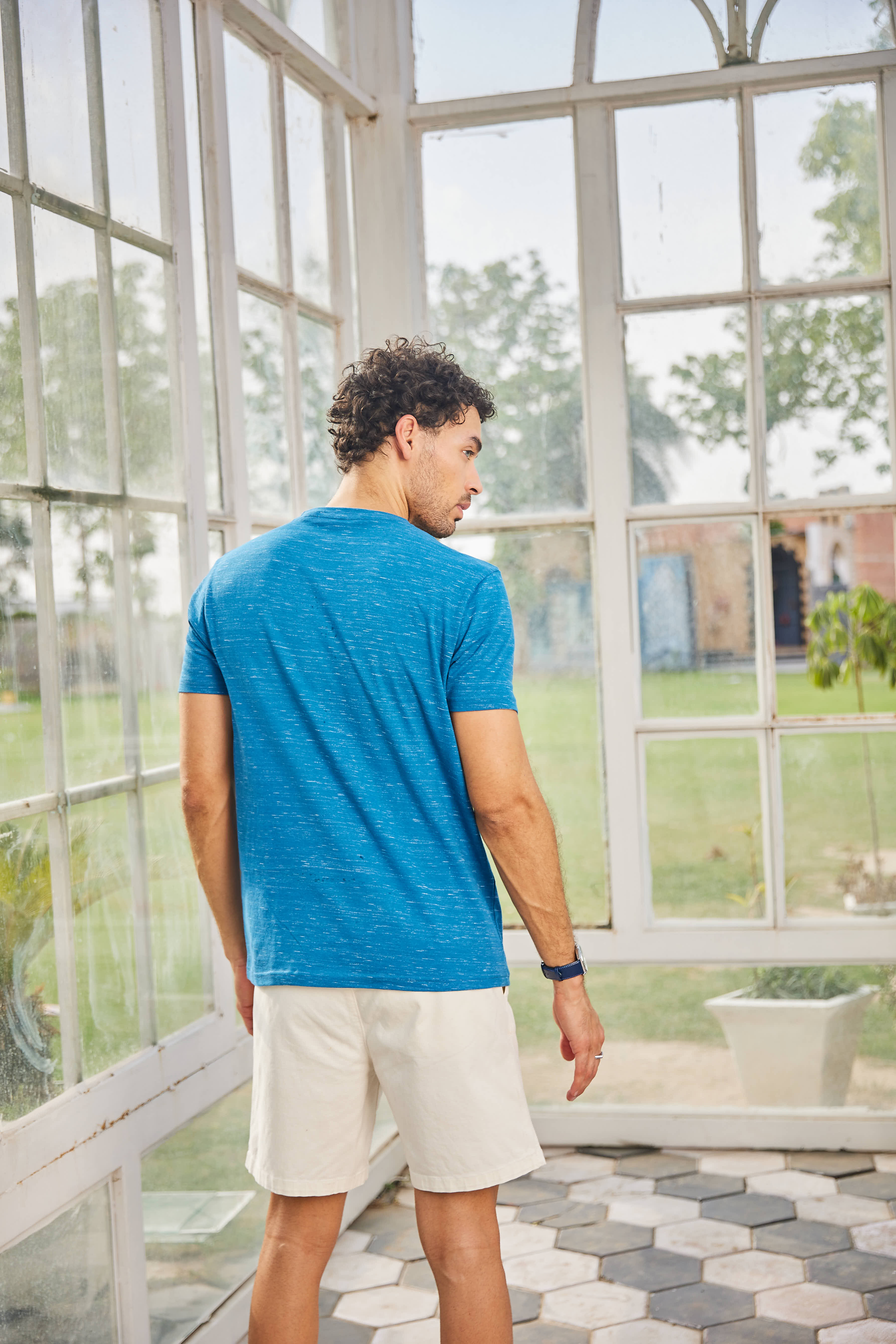 Royal Blue Textured Solid Crew Neck T Shirt