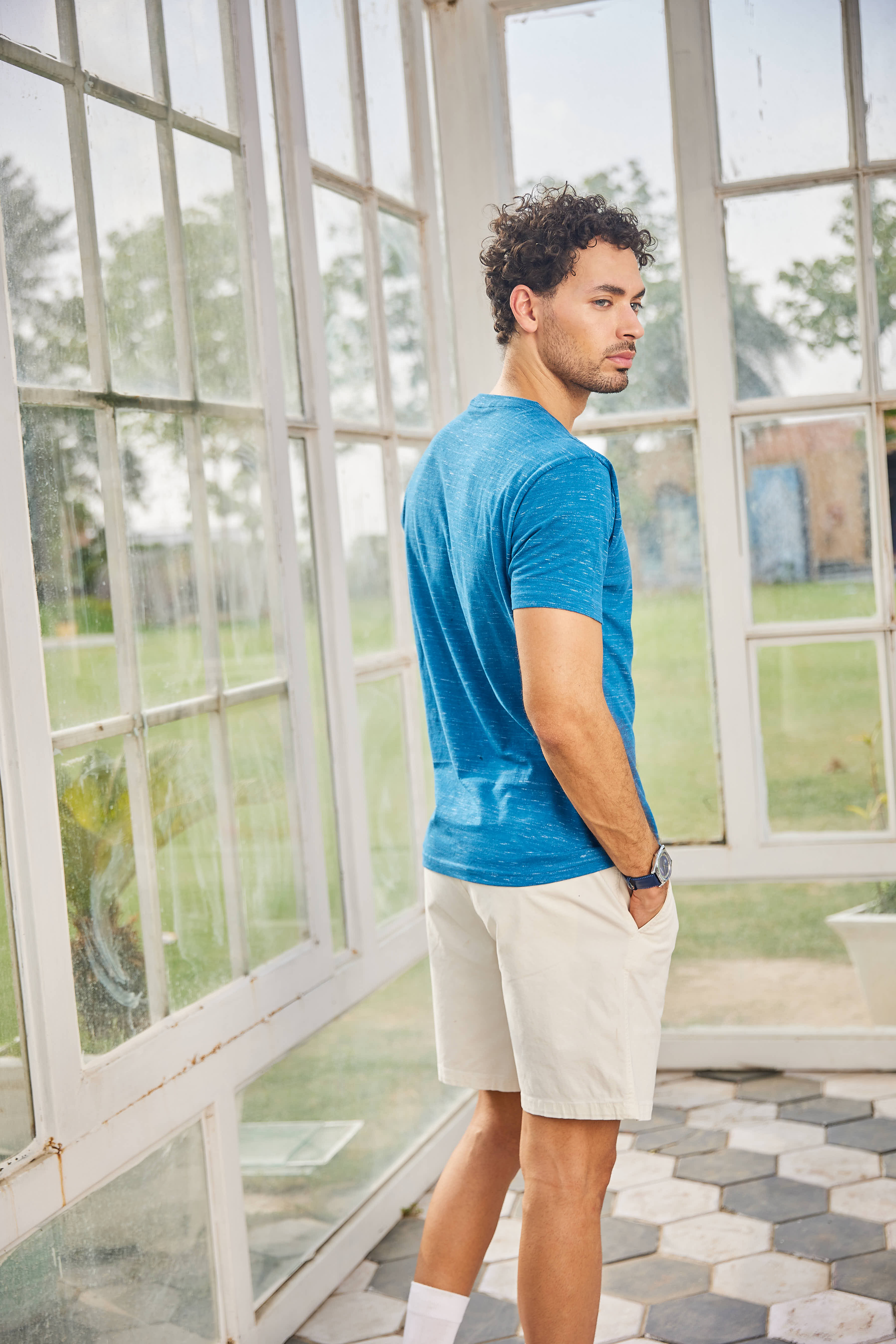 Royal Blue Textured Solid Crew Neck T Shirt