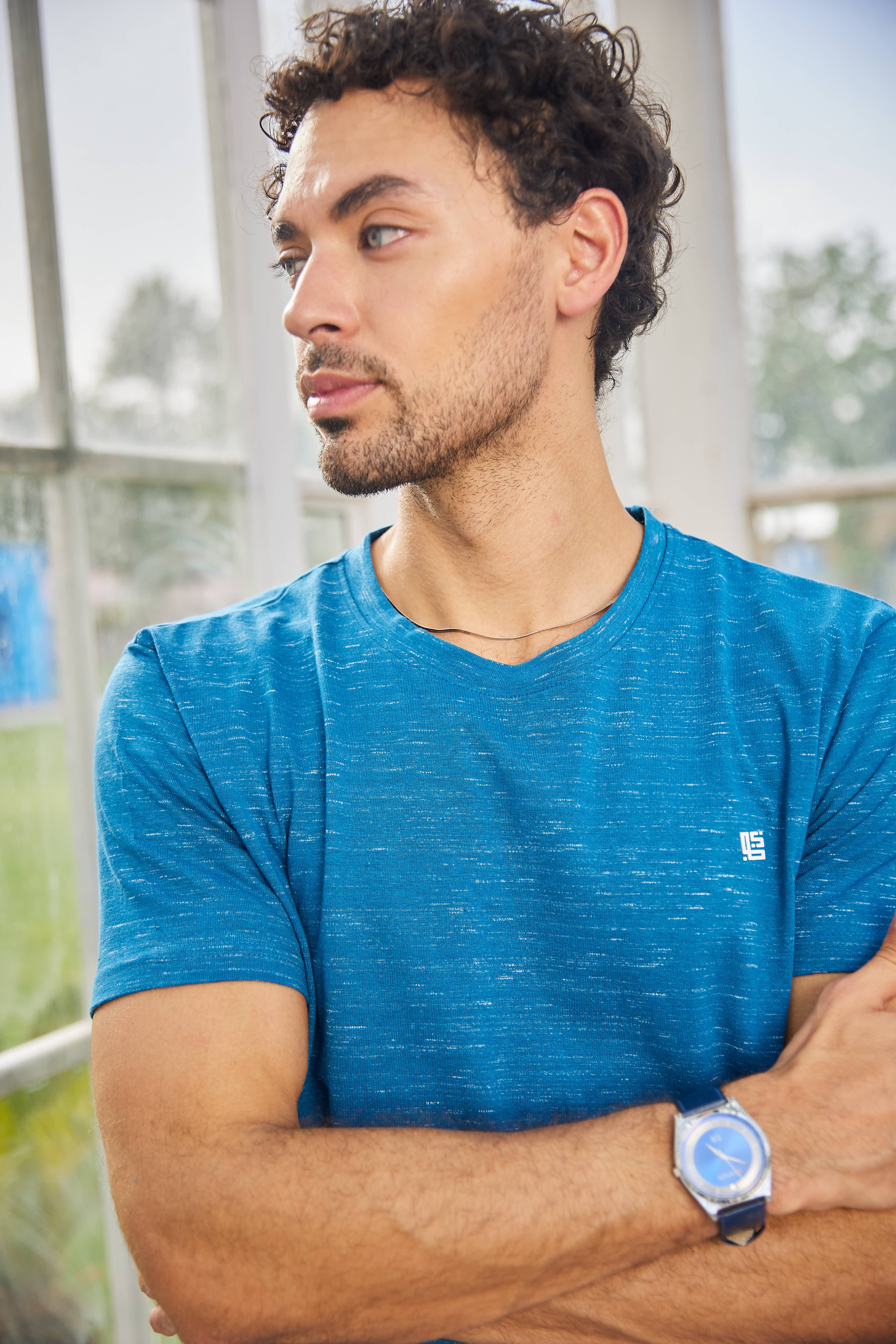 Royal Blue Textured Solid Crew Neck T Shirt