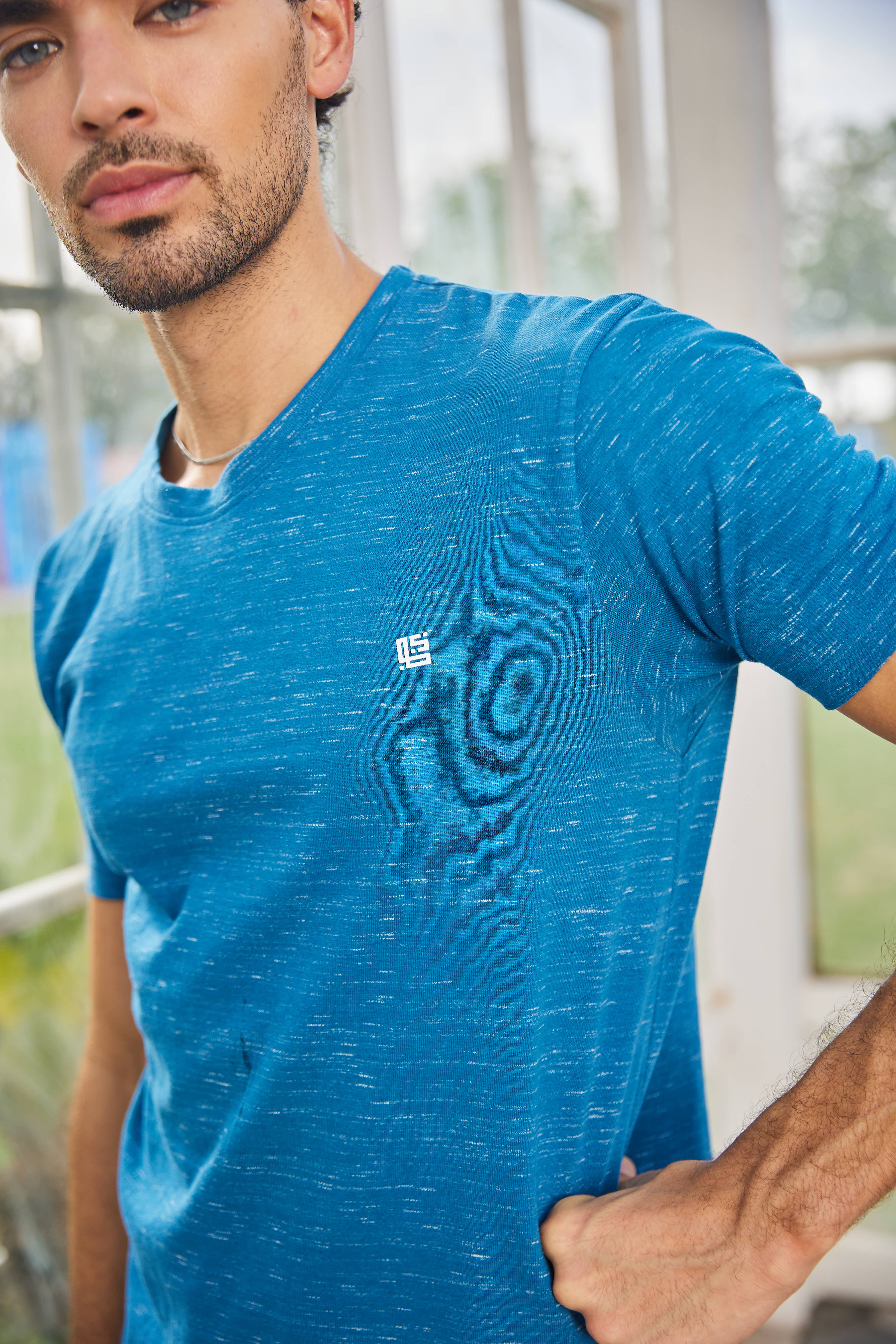 Royal Blue Textured Solid Crew Neck T Shirt