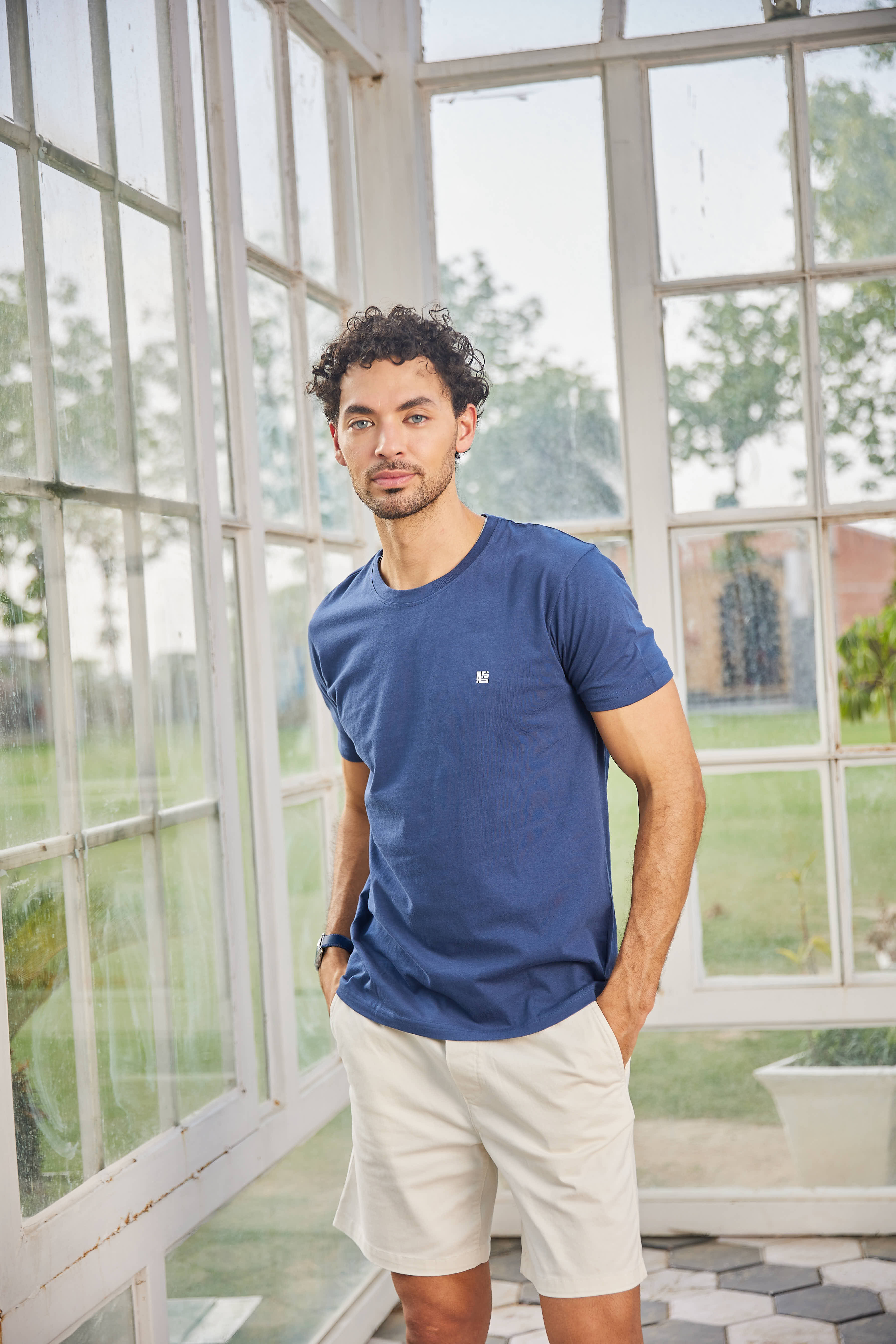 Navy Blue Textured Solid Crew Neck T Shirt