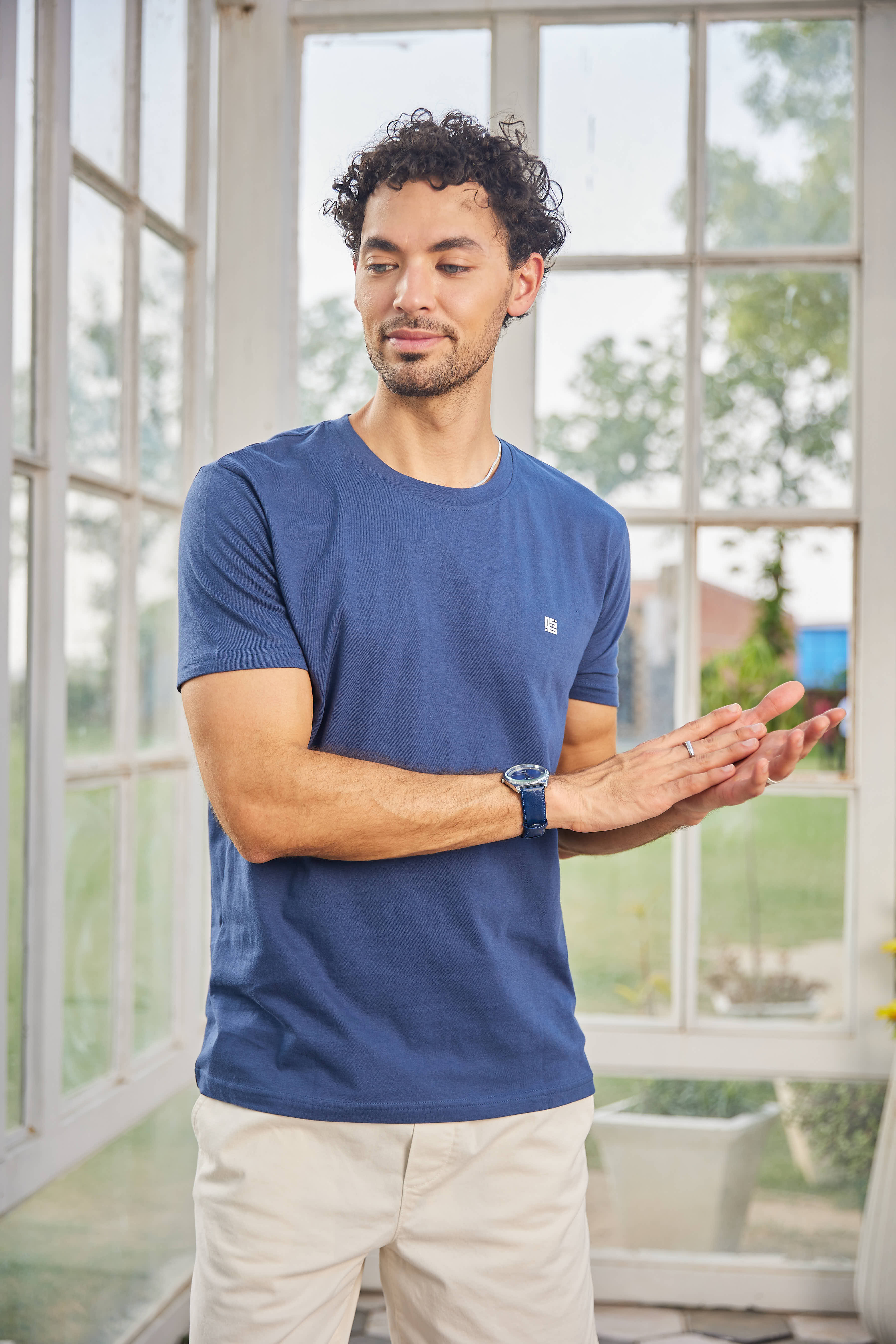 Navy Blue Textured Solid Crew Neck T Shirt