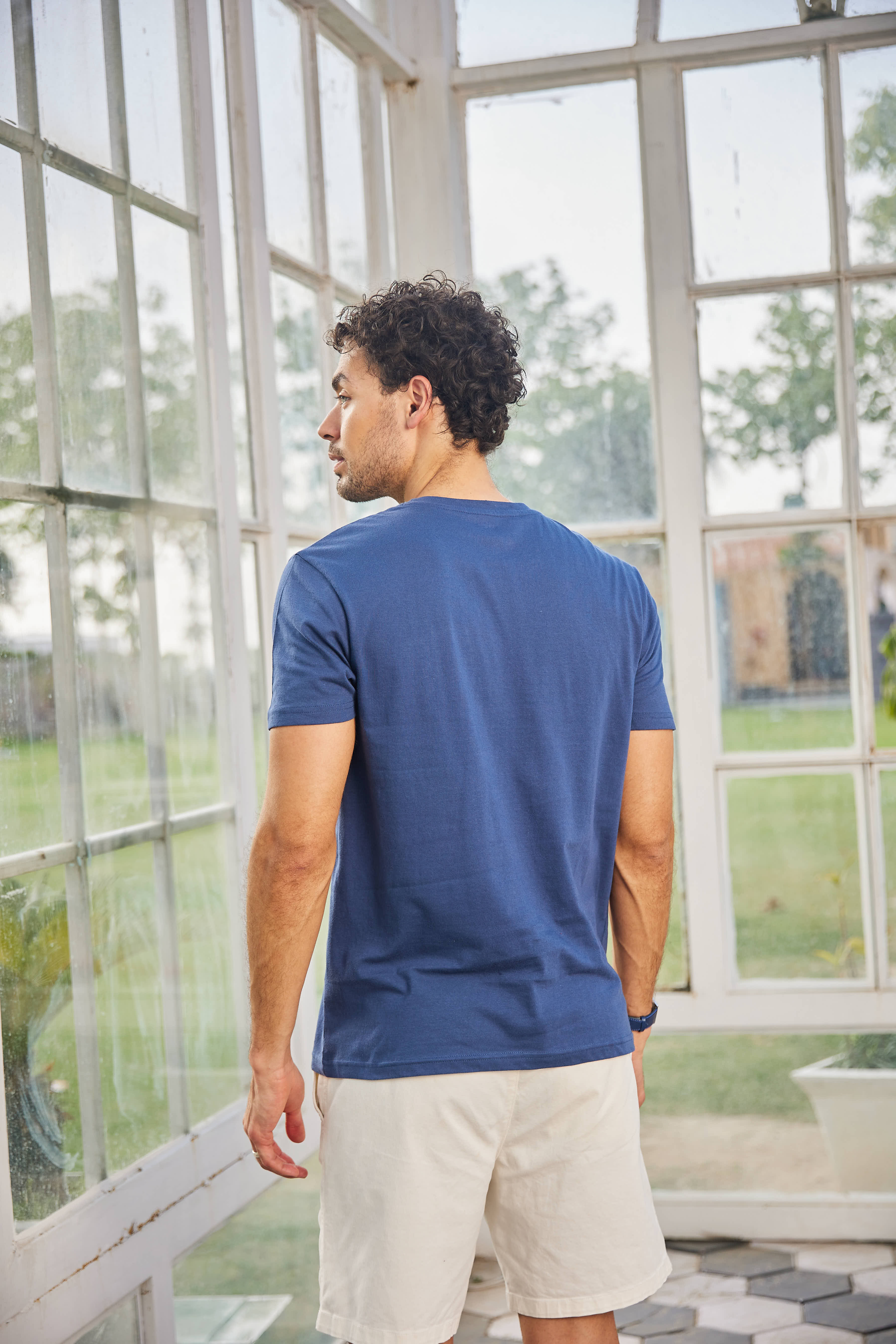 Navy Blue Textured Solid Crew Neck T Shirt