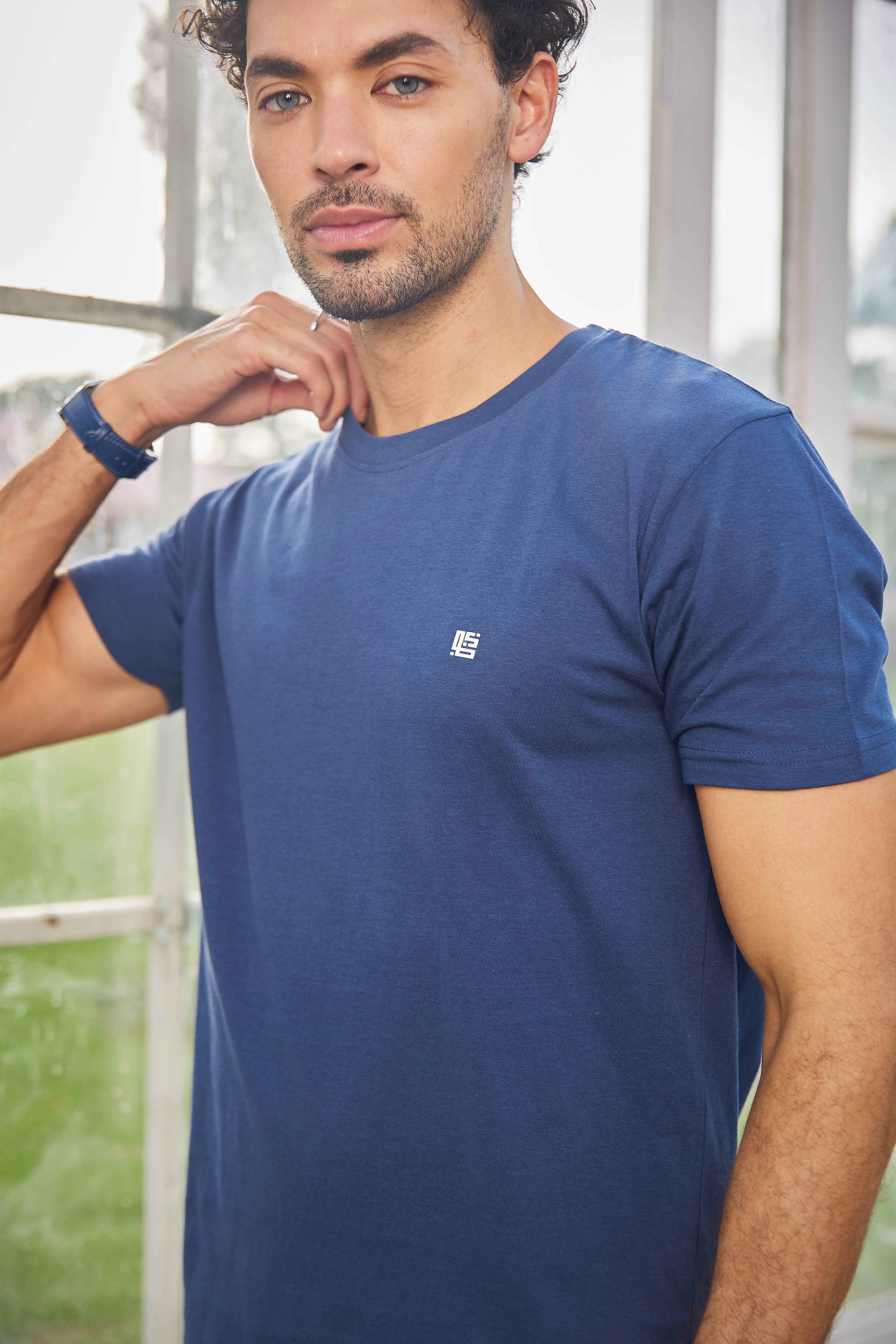 Navy Blue Textured Solid Crew Neck T Shirt