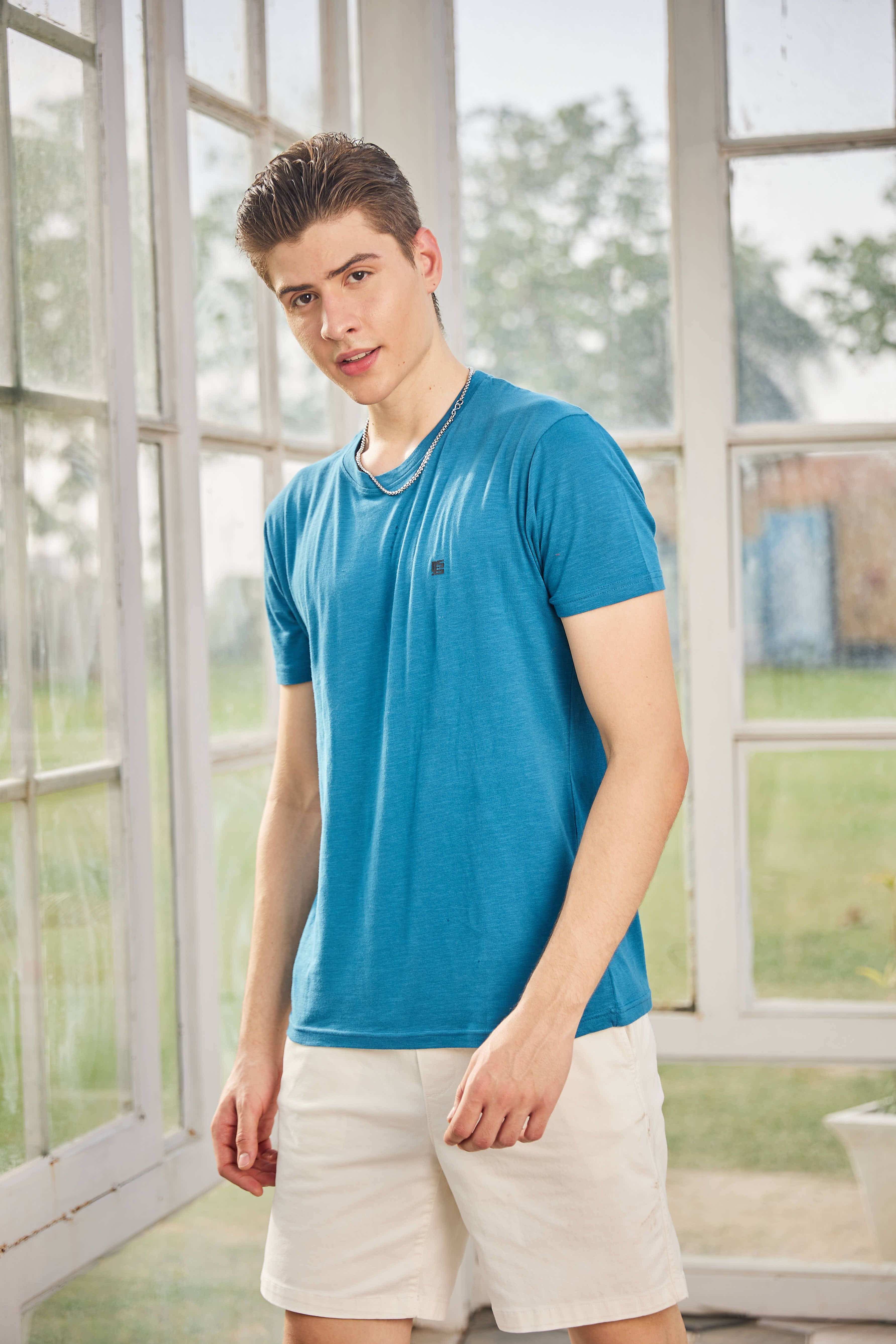 Teal Textured Solid Crew Neck T Shirt