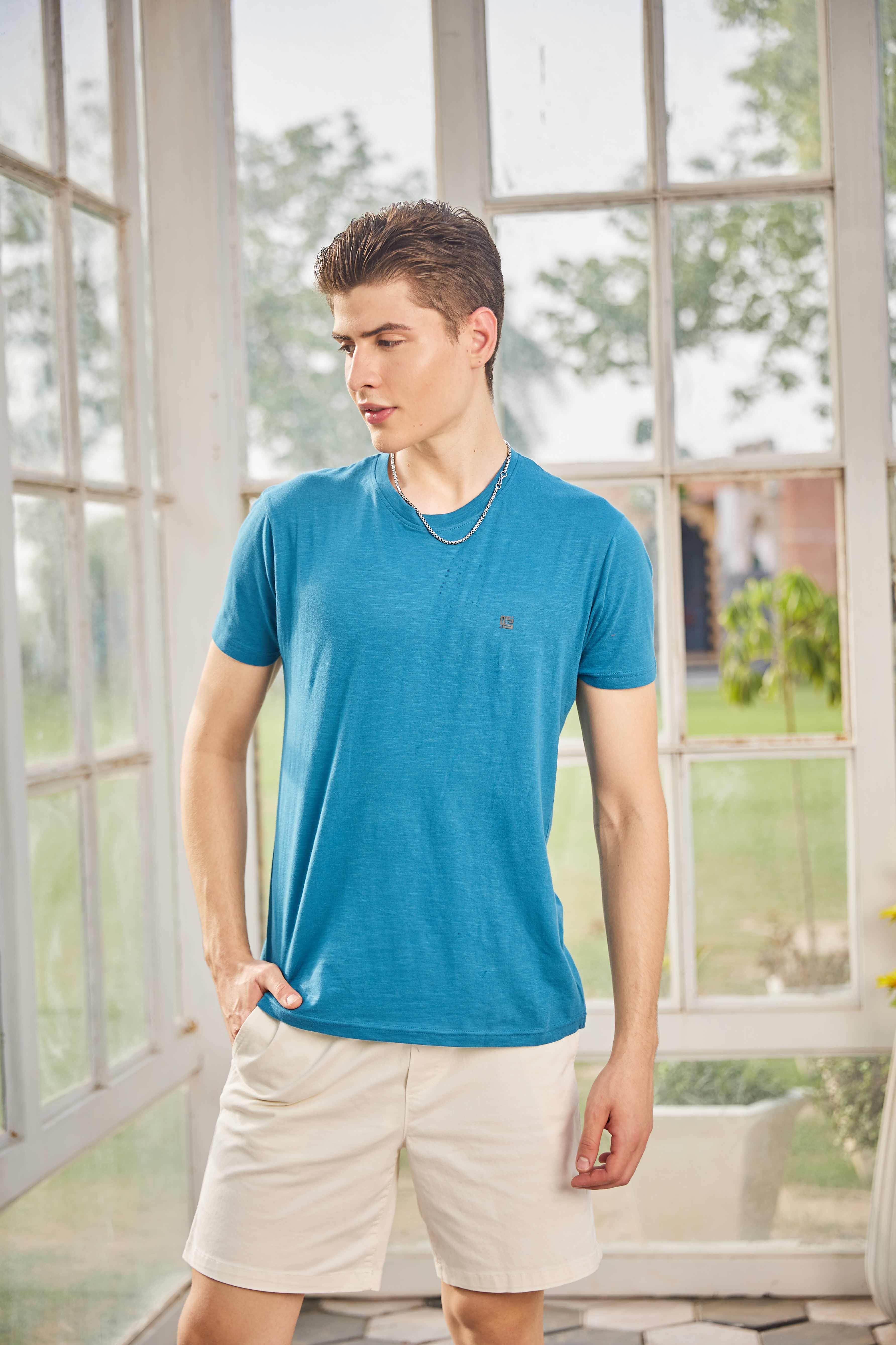 Teal Textured Solid Crew Neck T Shirt