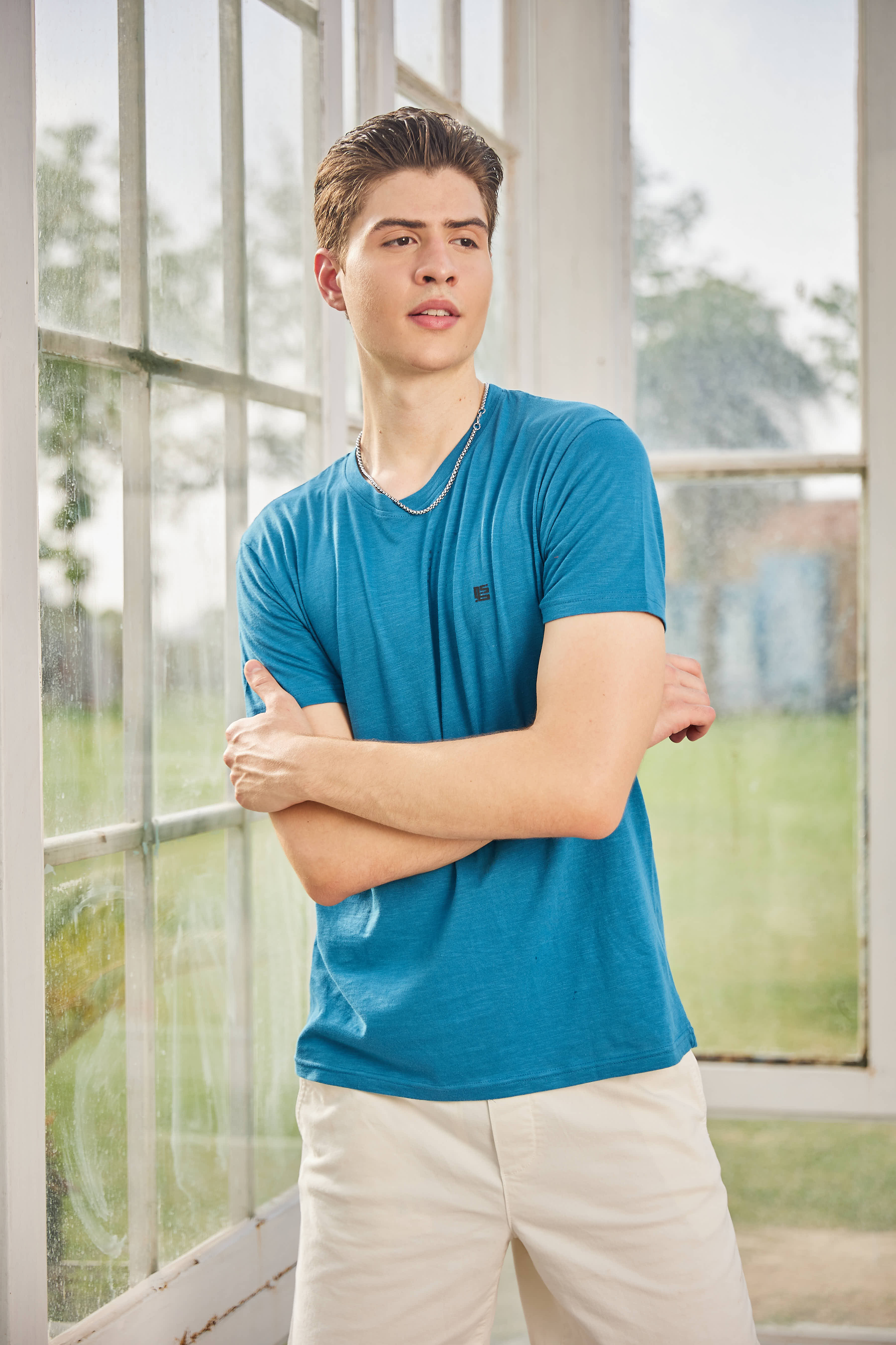 Teal Textured Solid Crew Neck T Shirt
