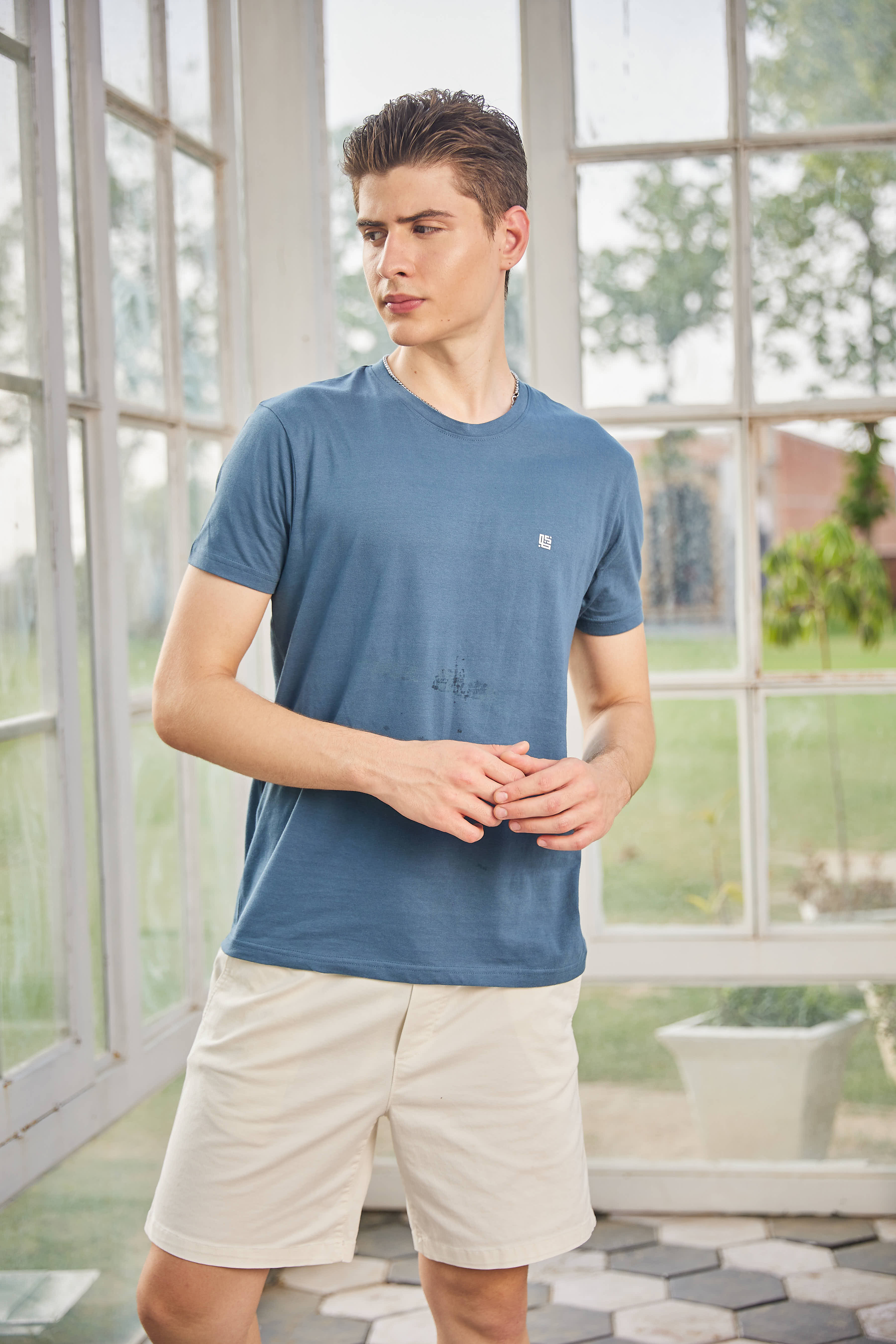 Blue Textured Solid Crew Neck T Shirt