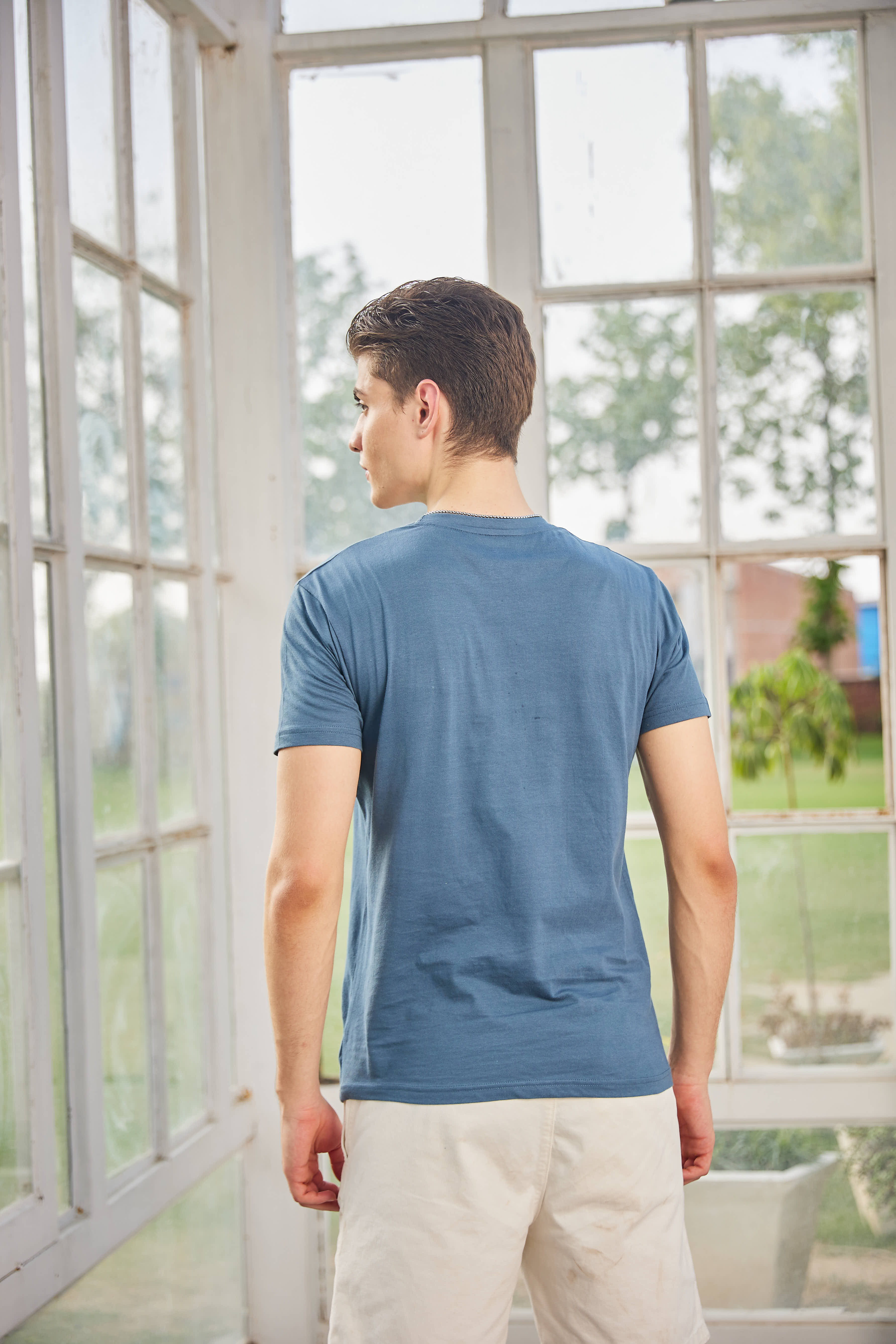 Blue Textured Solid Crew Neck T Shirt