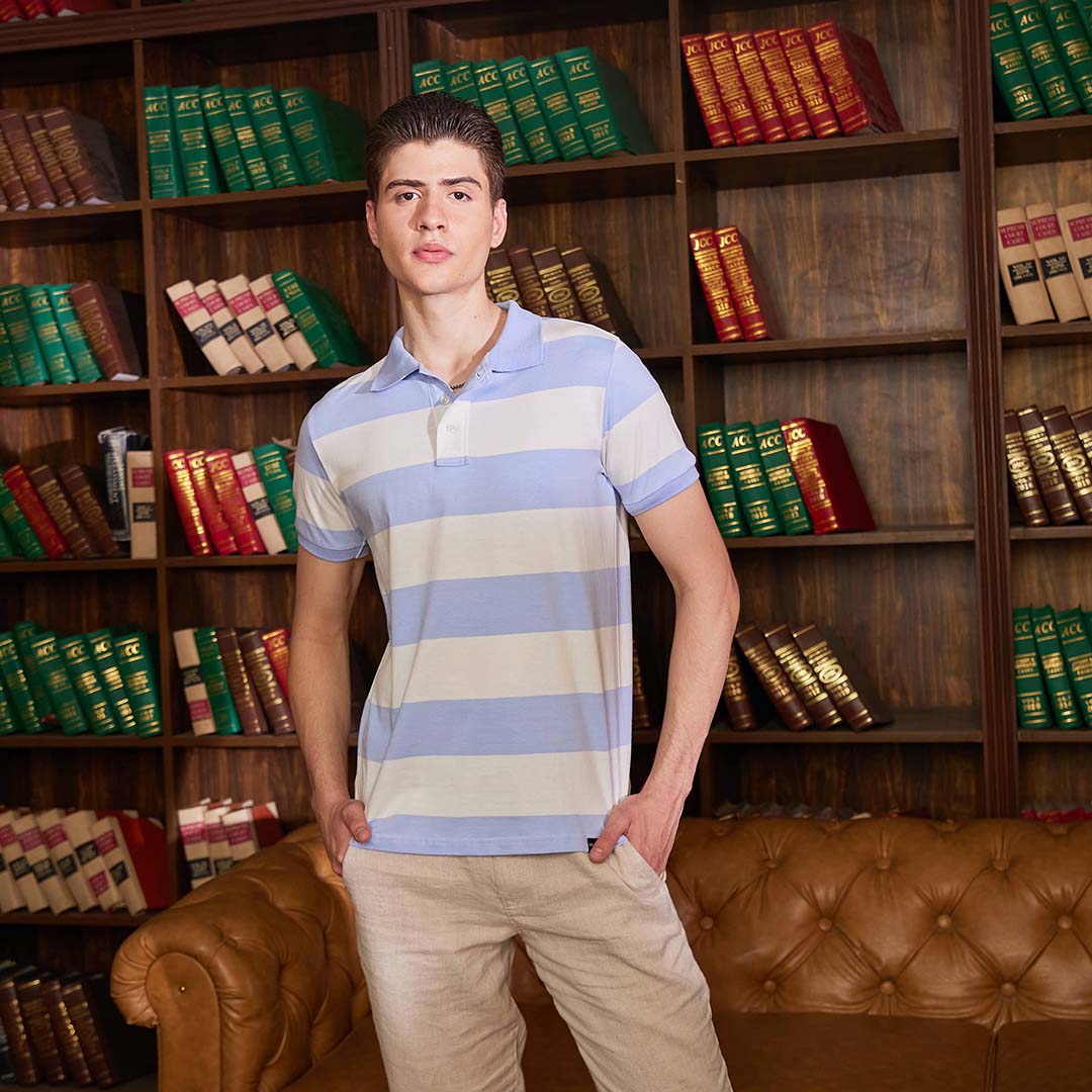 Ink Blue & White Striped Polo Tshirt