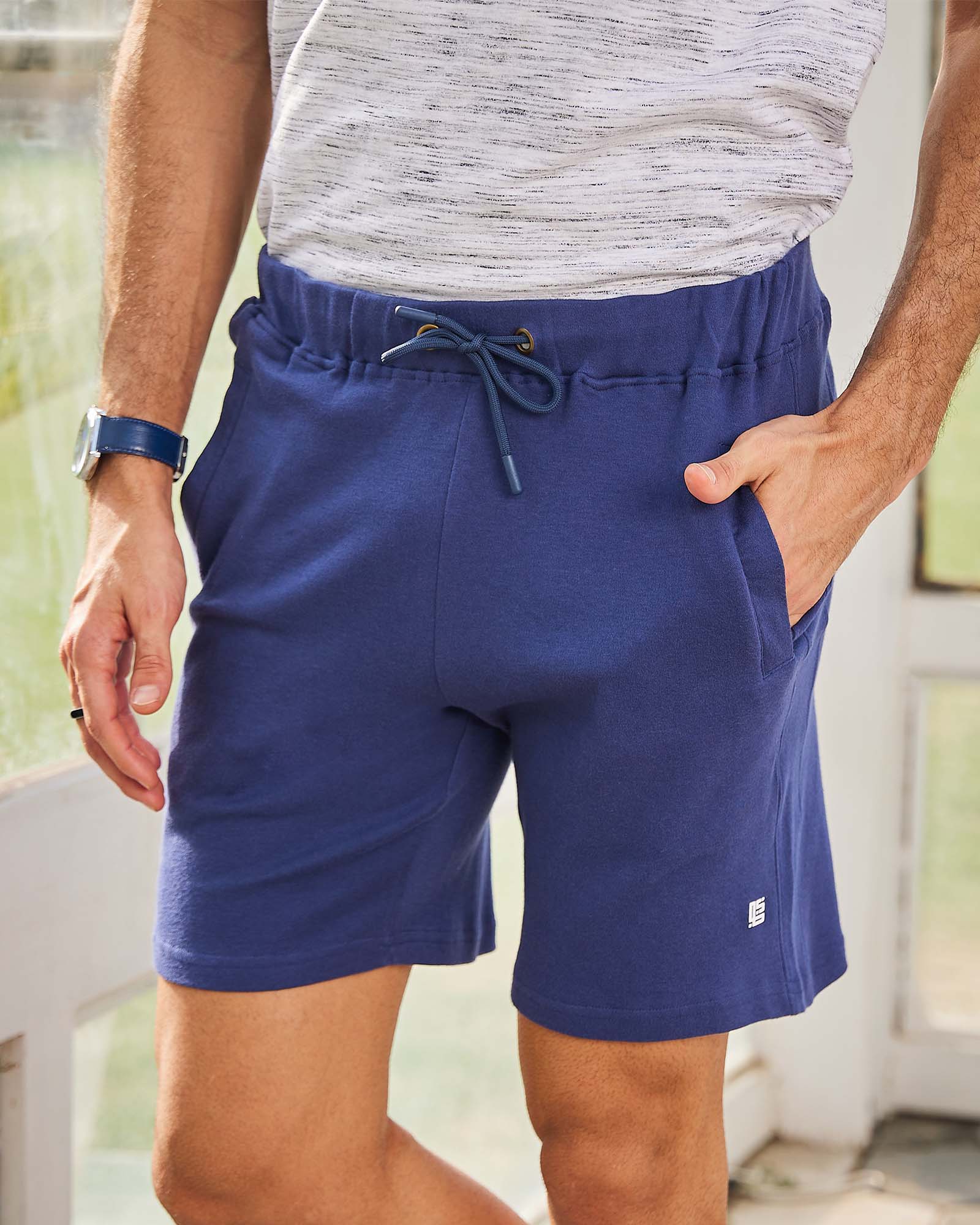 Blue Solid Knit Shorts